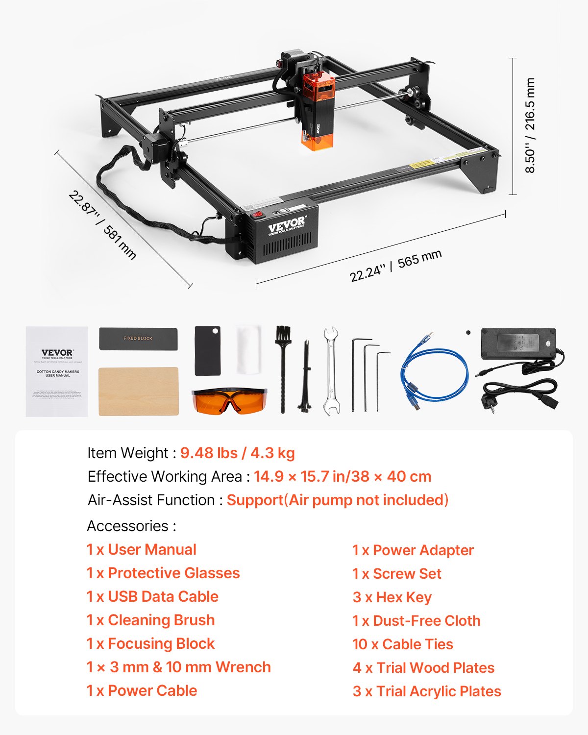VEVOR Laser Engraver, 5W Output, Laser Engraving Cutter Machine, 14.9 x 15.7 in/38 x 40 cm Working Area, 10000 mm/min Movement Speed, Compressed Spot with Eye Protection, for Wood, Certain Metal