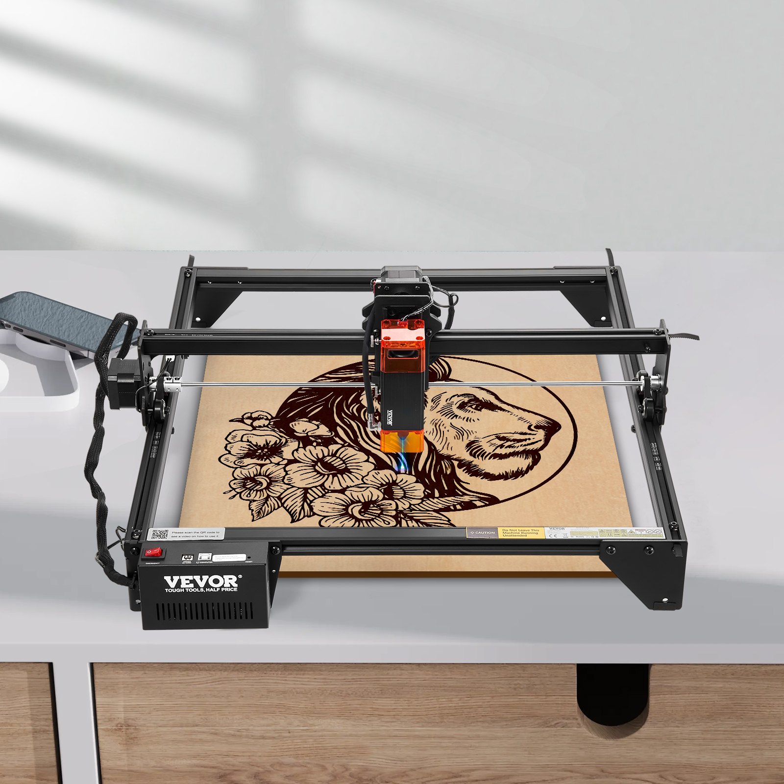 VEVOR Laser Engraver, 5W Output, Laser Engraving Cutter Machine, 14.9 x 15.7 in/38 x 40 cm Working Area, 10000 mm/min Movement Speed, Compressed Spot with Eye Protection, for Wood, Certain Metal
