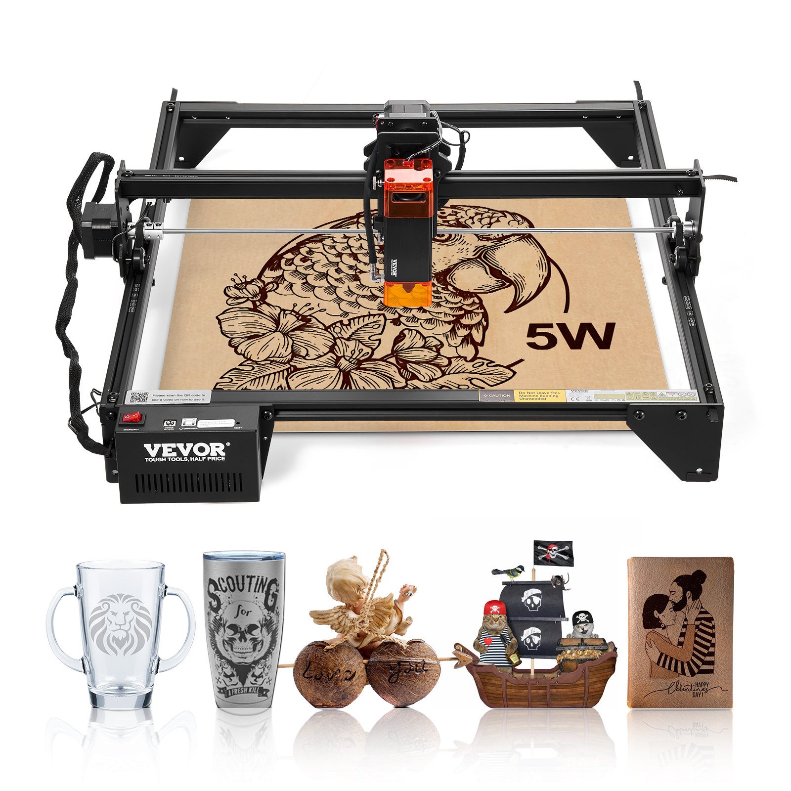 VEVOR Laser Engraver, 5W Output, Laser Engraving Cutter Machine, 14.9 x 15.7 in/38 x 40 cm Working Area, 10000 mm/min Movement Speed, Compressed Spot with Eye Protection, for Wood, Certain Metal