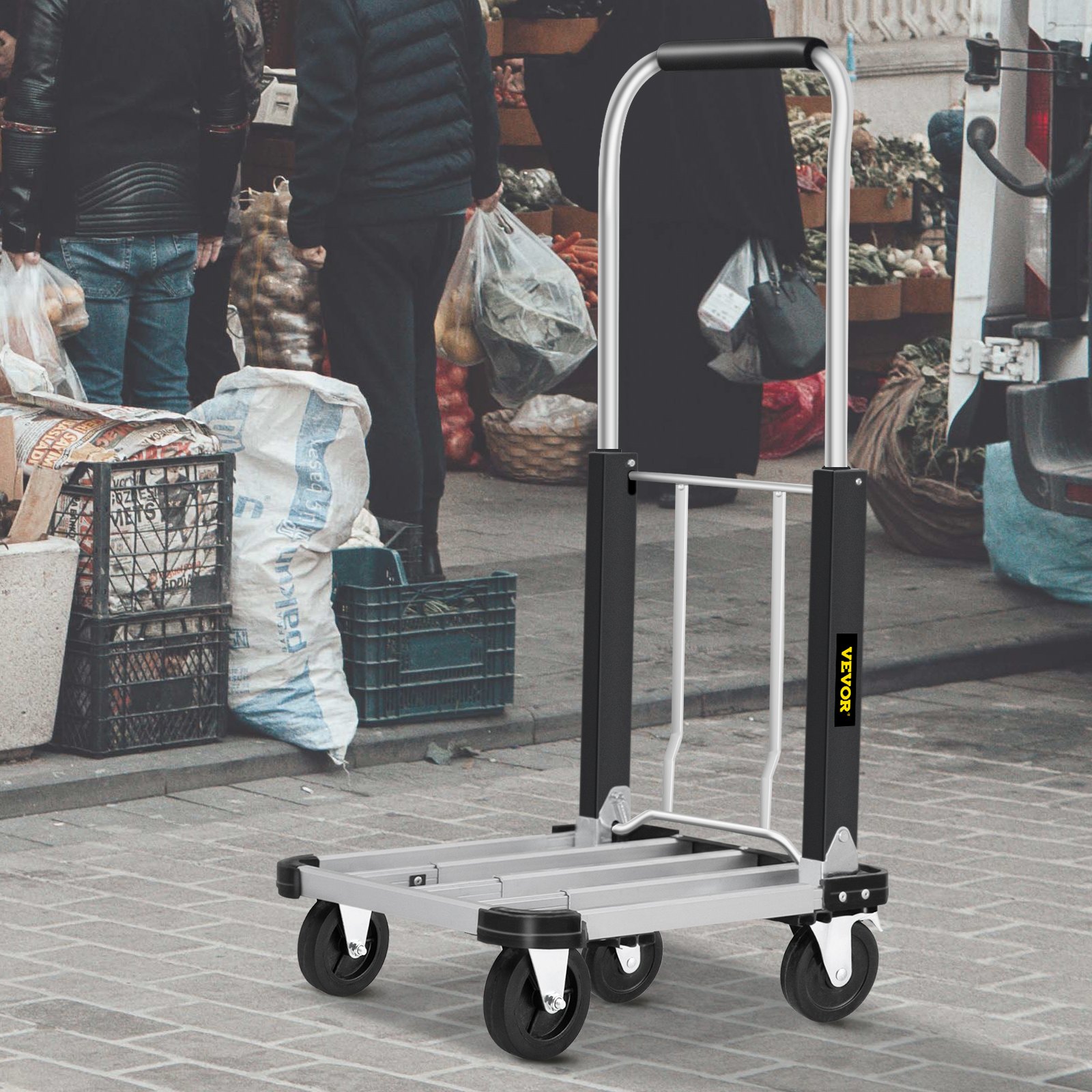 VEVOR Folding Platform Truck, Portable Platform Cart Adjustable Length, Aluminum Push Cart Telescoping Handle with 4 Wheels 330LBS Capacity for Luggage Travel Shopping