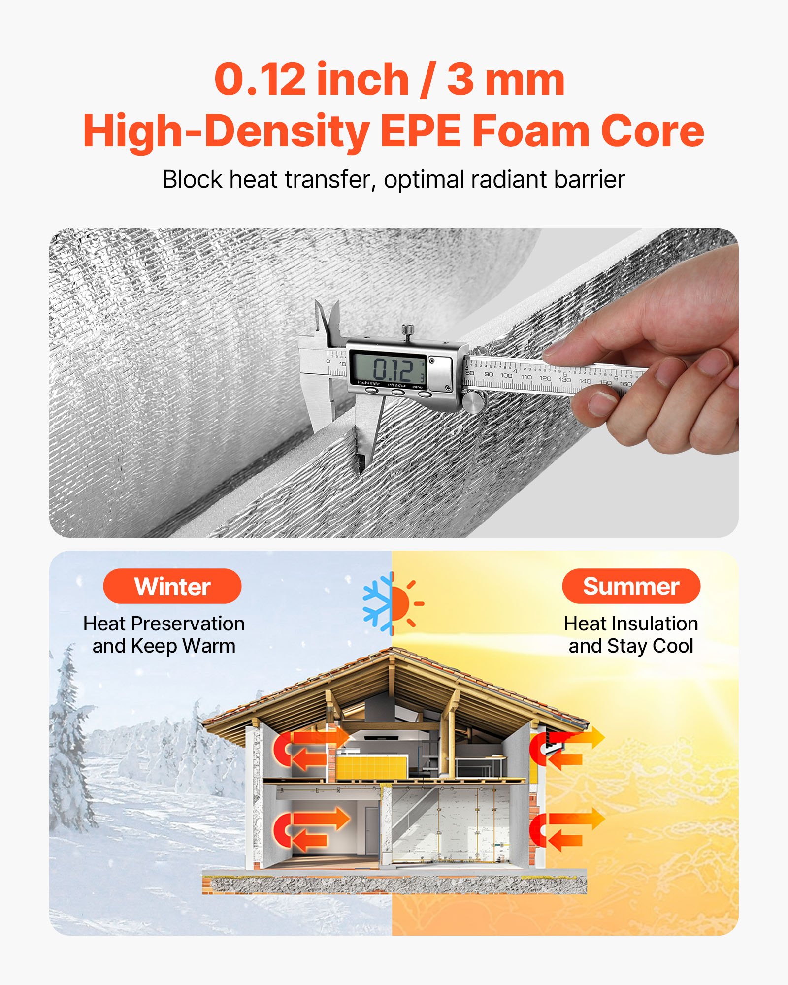 VEVOR Reflective Insulation Roll, EPE Foam Core Radiant Barrier, 3mm 76.2m x 1.22 m, Aluminum Foil White PE Film Heat Reflective Shield, Thermal Insulation Roll for Garage Door Window RV Roofs
