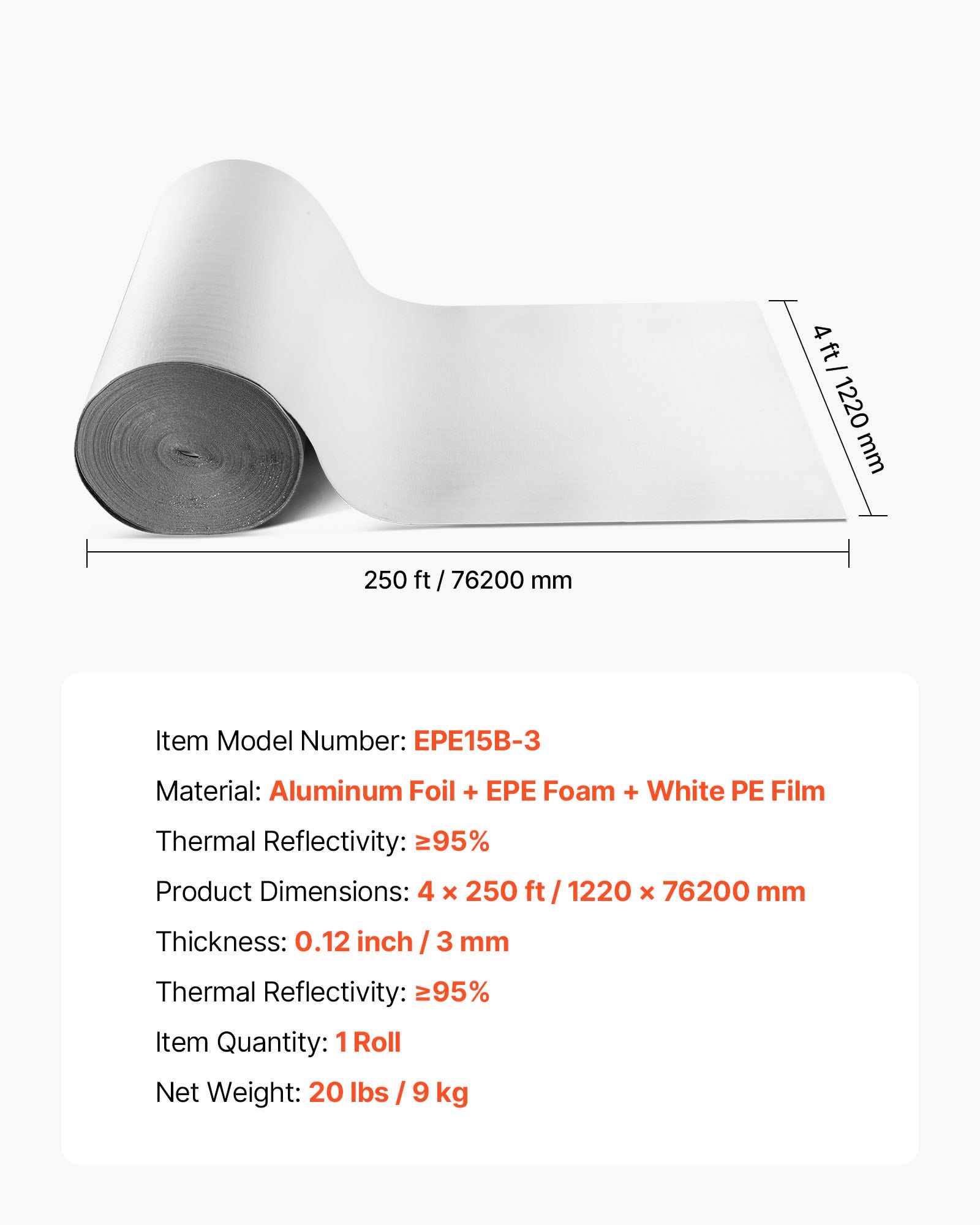 VEVOR Reflective Insulation Roll, EPE Foam Core Radiant Barrier, 3mm 76.2m x 1.22 m, Aluminum Foil White PE Film Heat Reflective Shield, Thermal Insulation Roll for Garage Door Window RV Roofs