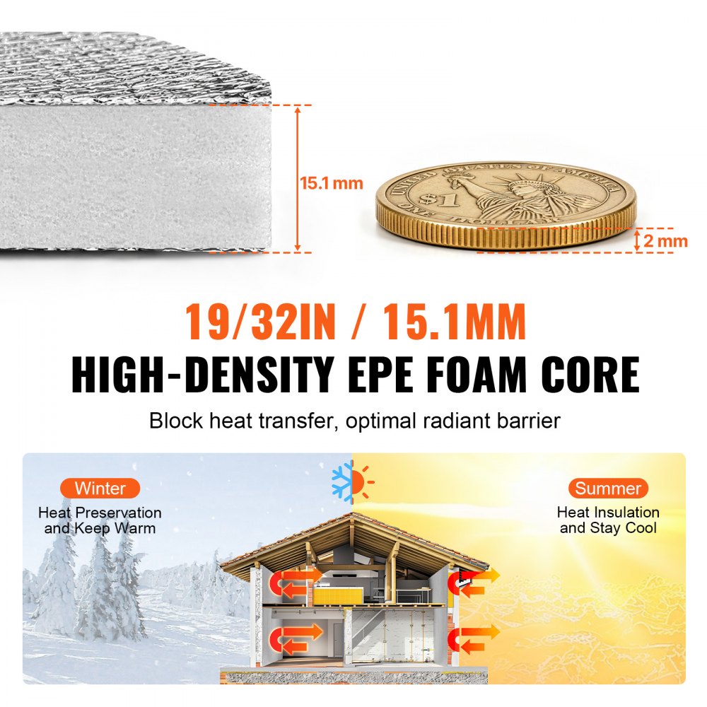 VEVOR Double Reflective Insulation Roll, Foam Core Radiant Barrier, 15.1mm 7.62m x 1.22 m, Double-Sided Aluminum Foil EPE Foam Heat Reflective Shield, Thermal Insulation Roll for Window RV Roof