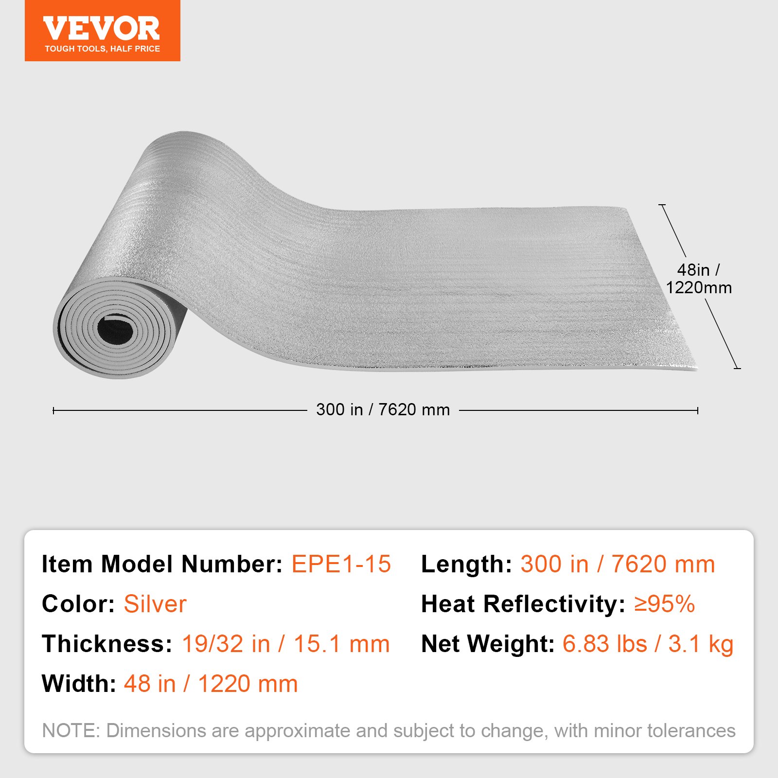 VEVOR Double Reflective Insulation Roll, Foam Core Radiant Barrier, 15.1mm 7.62m x 1.22 m, Double-Sided Aluminum Foil EPE Foam Heat Reflective Shield, Thermal Insulation Roll for Window RV Roof
