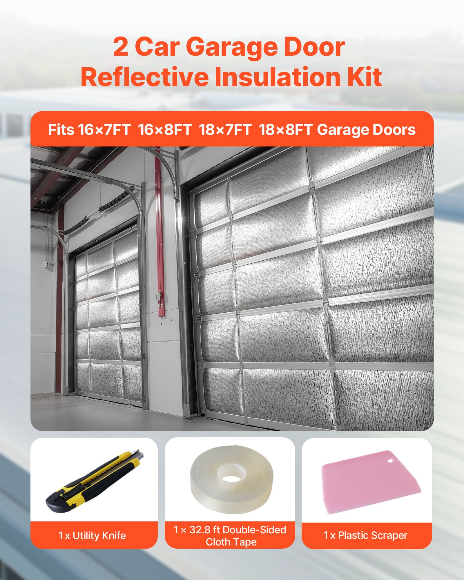 VEVOR Reflective Insulation Roll, 2 Car Garage Door Thermal Insulation Kit, 6mm 5.49 m x 0.61 m, 4 Rolls Aluminum Foil EPE Foam Core Radiant Barrier, White PE Film Heat Shield for Garage Doors