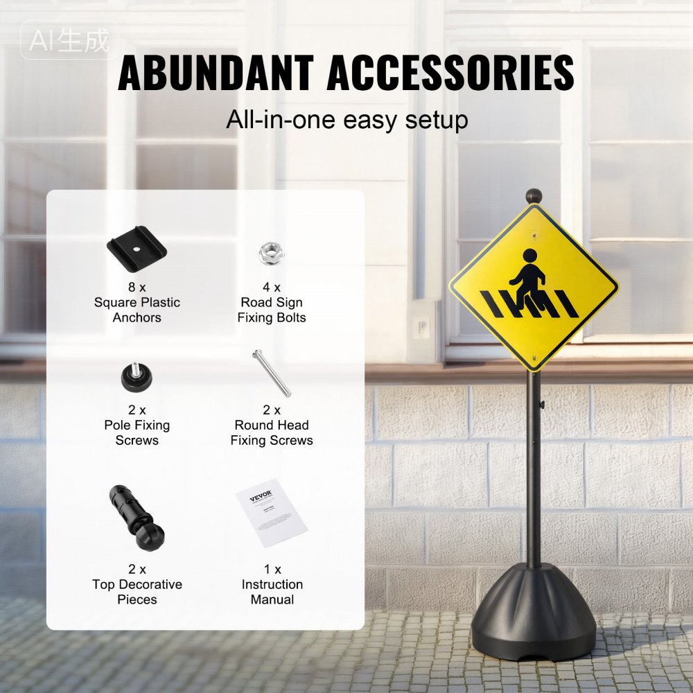 VEVOR Portable Sign Post, 5 ft Cast Iron Sign Post Holder with Hard Plastic Base & Wheels,  Movable Parking Sign Stand for No Parking Street Signs, Handicap Parking Sign,  with Base, Bolts Nuts, Black