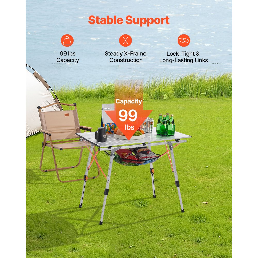 VEVOR Folding Camping Table, Portable Roll Up Side Tables, Lightweight Aluminum Beach Table with Adjustable Height, Top Mesh Layer and Carry Bag, For Outdoor BBQ Tailgating Picnic, Travel, Silver