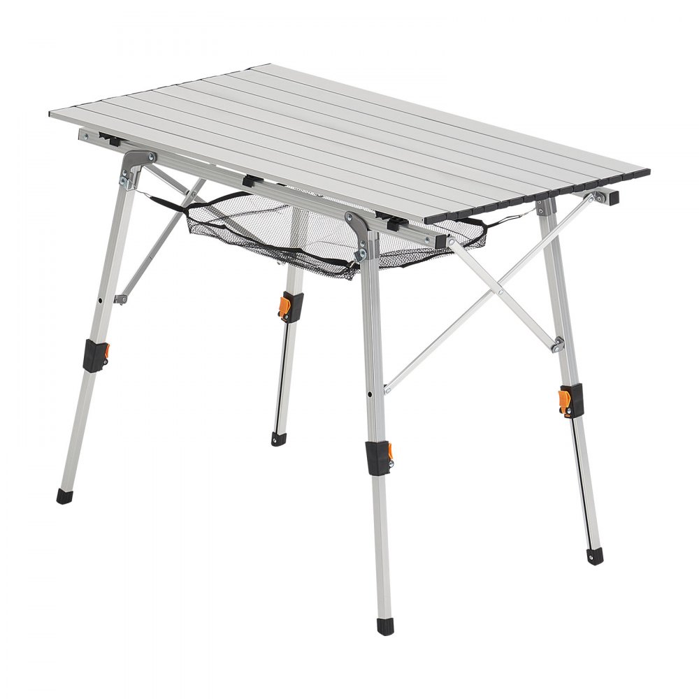 VEVOR Folding Camping Table, Portable Roll Up Side Tables, Lightweight Aluminum Beach Table with Adjustable Height, Top Mesh Layer and Carry Bag, For Outdoor BBQ Tailgating Picnic, Travel, Silver