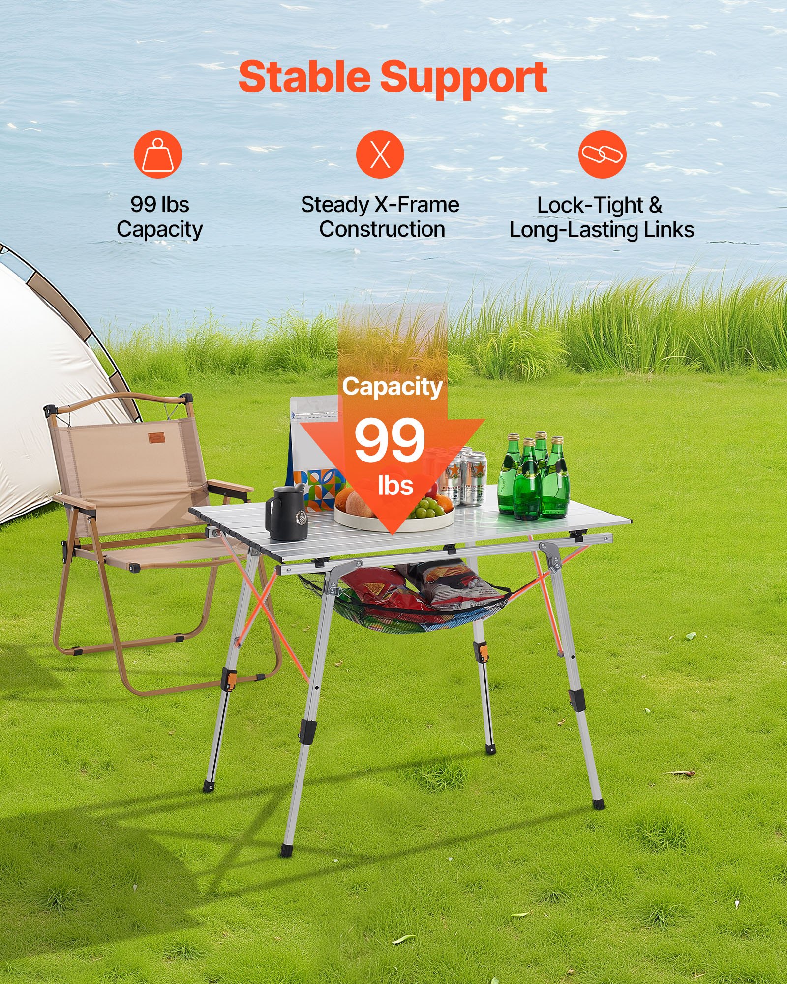VEVOR Folding Camping Table, Portable Roll Up Side Tables, Lightweight Aluminum Beach Table with Adjustable Height, Top Mesh Layer and Carry Bag, For Outdoor BBQ Tailgating Picnic, Travel, Silver