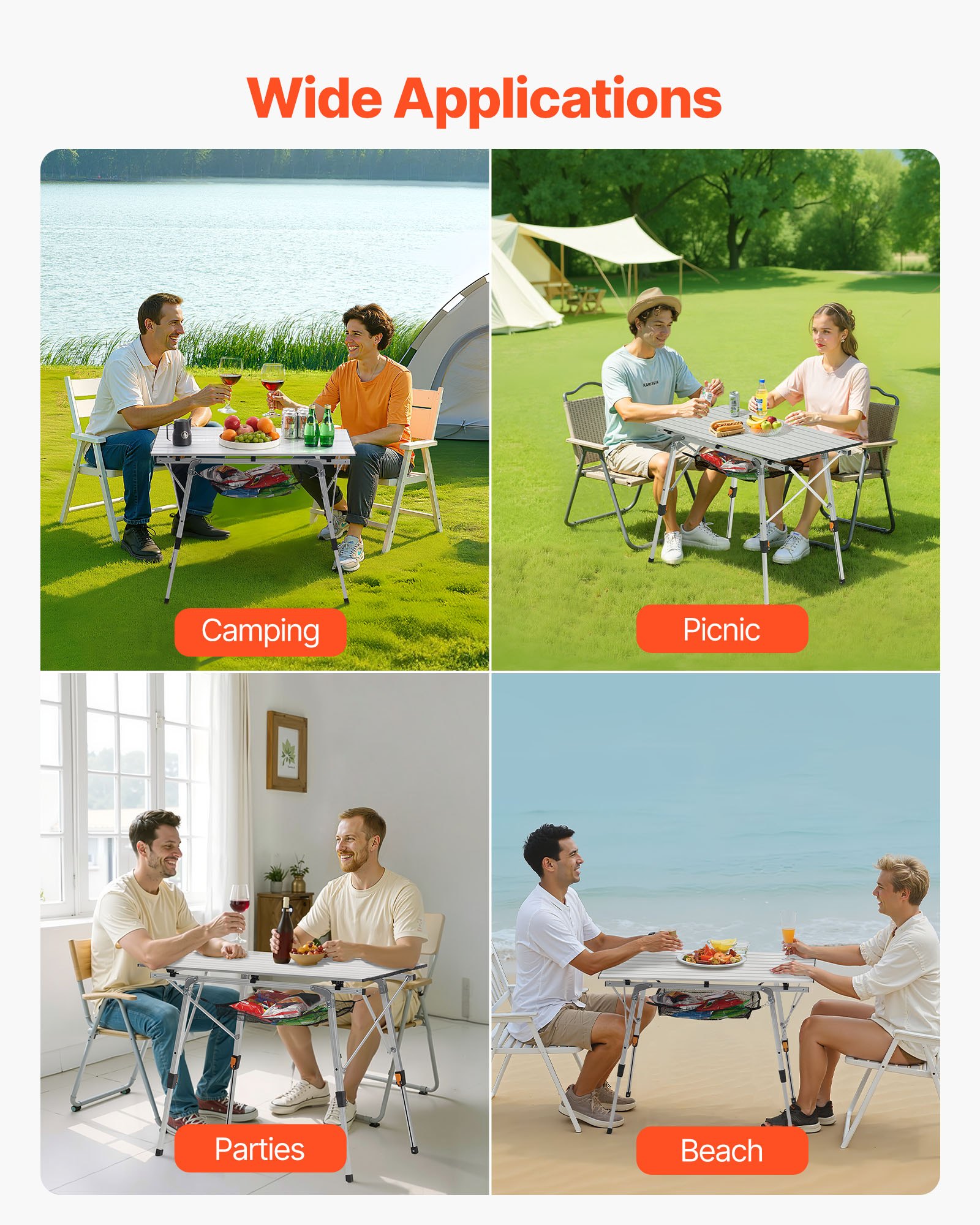 VEVOR Folding Camping Table, Portable Roll Up Side Tables, Lightweight Aluminum Beach Table with Adjustable Height, Top Mesh Layer and Carry Bag, For Outdoor BBQ Tailgating Picnic, Travel, Silver