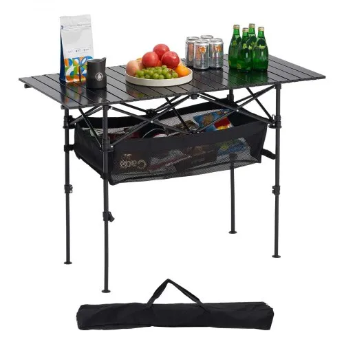 VEVOR Folding Camping Table, Portable Roll Up Side Tables, Lightweight Aluminum Beach Table with Adjustable Height, Large Storage Bag and Carry Bag, For Outdoor BBQ Tailgating Picnic, Travel, Black