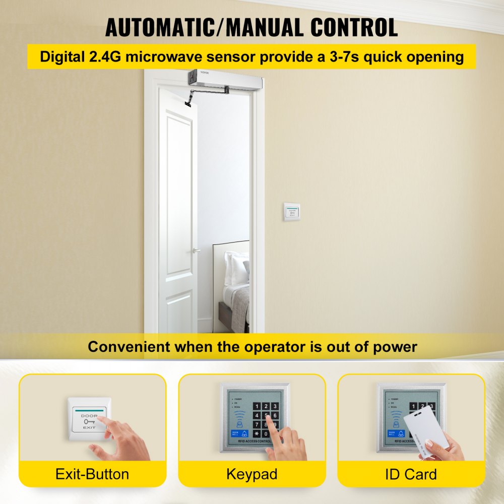 VEVOR Automatic Door Opener, 100-240V for Max.220lbs Doors, Swing Door Operator for Disabilities w/ 2 Remotes, 2 Exit Buttons, Keypad, 5 ID Cards, 2 Stainless Steel Push Buttons, CE Listed