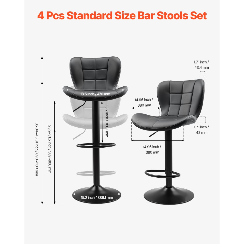 VEVOR Bar Stool Set of 4, Modern PU Leather Counter Height Stools, Swivel Kitchen Barstool with Back and Footrest, Height Adjustable Armless Bar Chair, Island Barstools for Kitchen, Dining Room, Black