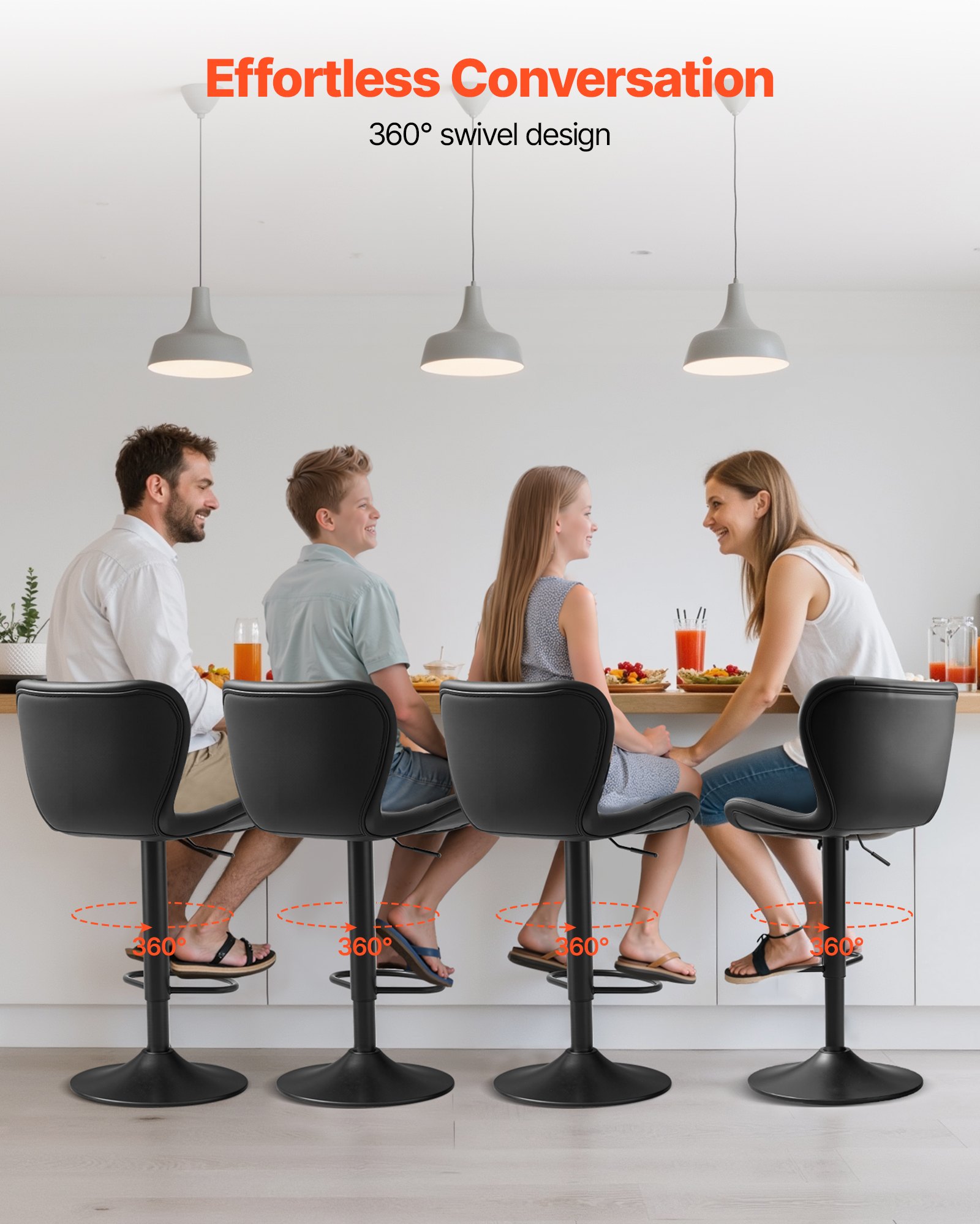VEVOR Bar Stool Set of 4, Modern PU Leather Counter Height Stools, Swivel Kitchen Barstool with Back and Footrest, Height Adjustable Armless Bar Chair, Island Barstools for Kitchen, Dining Room, Black