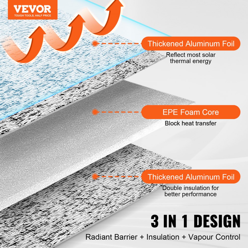 VEVOR Double Reflective Insulation Roll, Foam Core Radiant Barrier, 3.2 mm 48 in x 100 ft, Double-Sided Aluminum Foil EPE Foam Heat Reflective Shield, Thermal Insulation Roll for Window RV Roof
