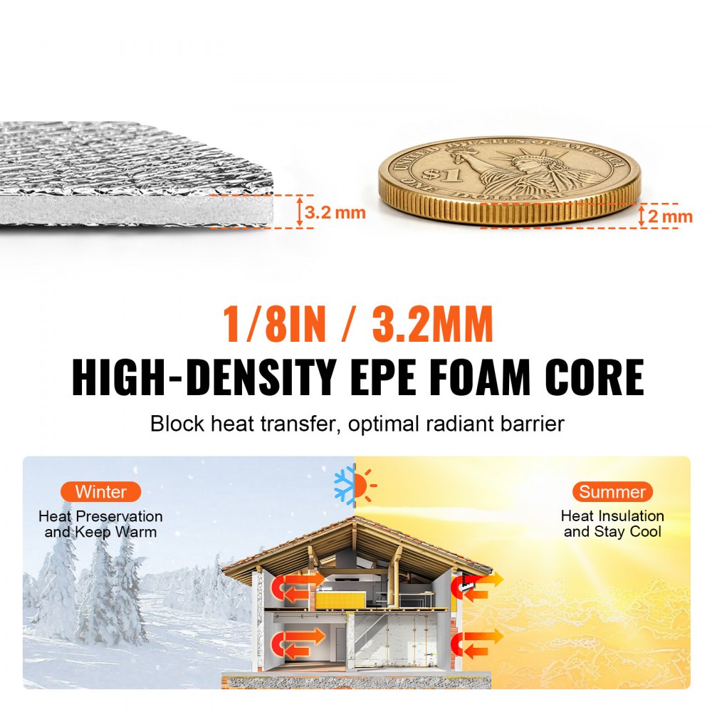 VEVOR Double Reflective Insulation Roll, Foam Core Radiant Barrier, 3.2 mm 48 in x 100 ft, Double-Sided Aluminum Foil EPE Foam Heat Reflective Shield, Thermal Insulation Roll for Window RV Roof