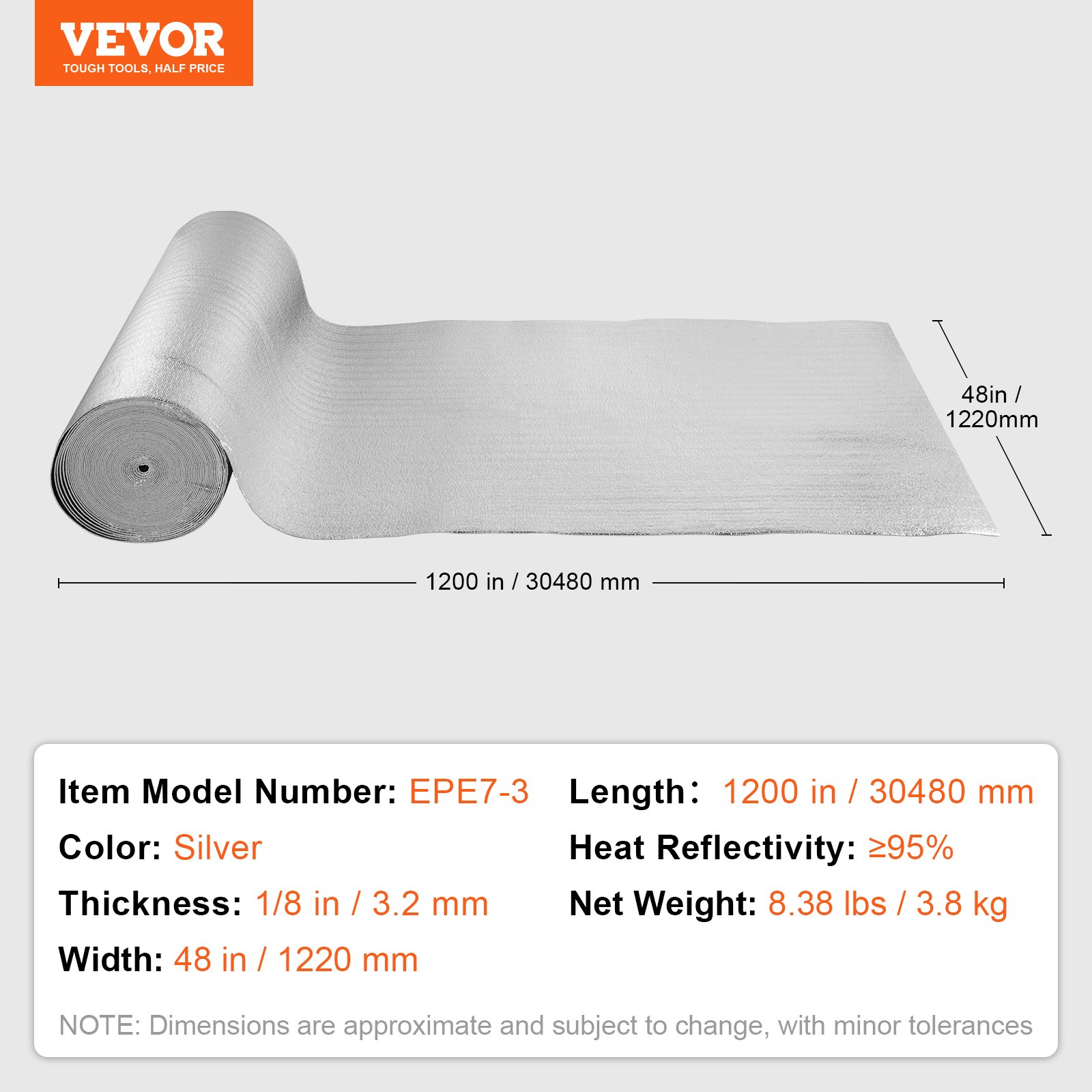 VEVOR Double Reflective Insulation Roll, Foam Core Radiant Barrier, 3.2 mm 48 in x 100 ft, Double-Sided Aluminum Foil EPE Foam Heat Reflective Shield, Thermal Insulation Roll for Window RV Roof
