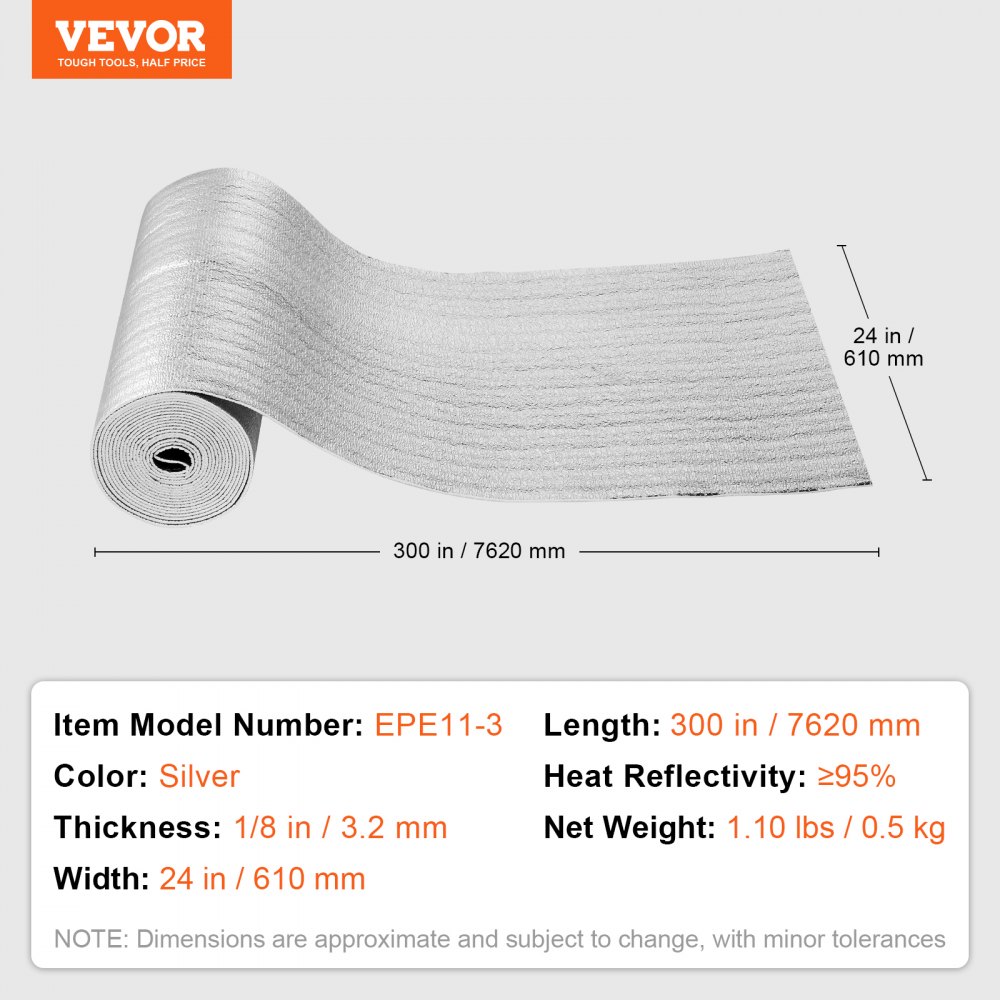 VEVOR Double Reflective Insulation Roll, Foam Core Radiant Barrier, 3.2 mm 24 in x 25 ft, Double-Sided Aluminum Foil EPE Foam Heat Reflective Shield, Thermal Insulation Roll for Window RV Roof