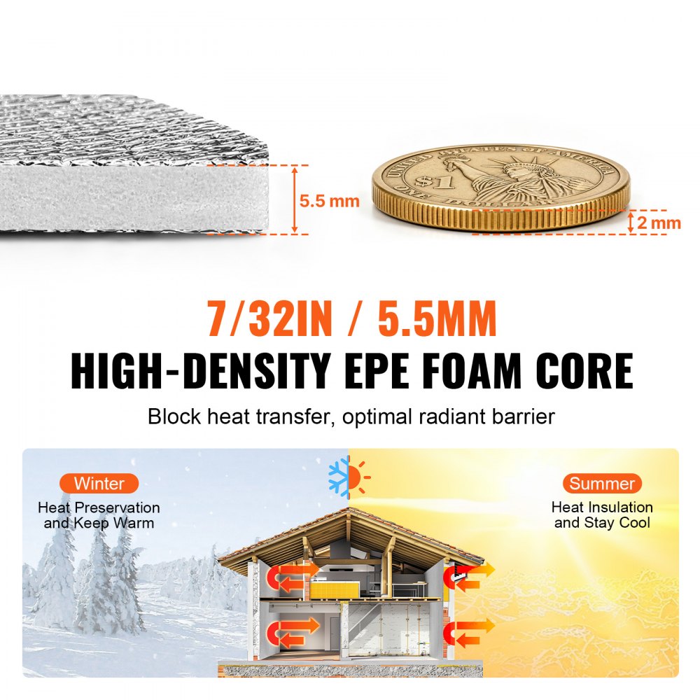 VEVOR Double Reflective Insulation Roll, Foam Core Radiant Barrier, 5.5mm 48 in x 50 ft, Double-Sided Aluminum Foil EPE Foam Heat Reflective Shield, Thermal Insulation Roll for Window RV Roof