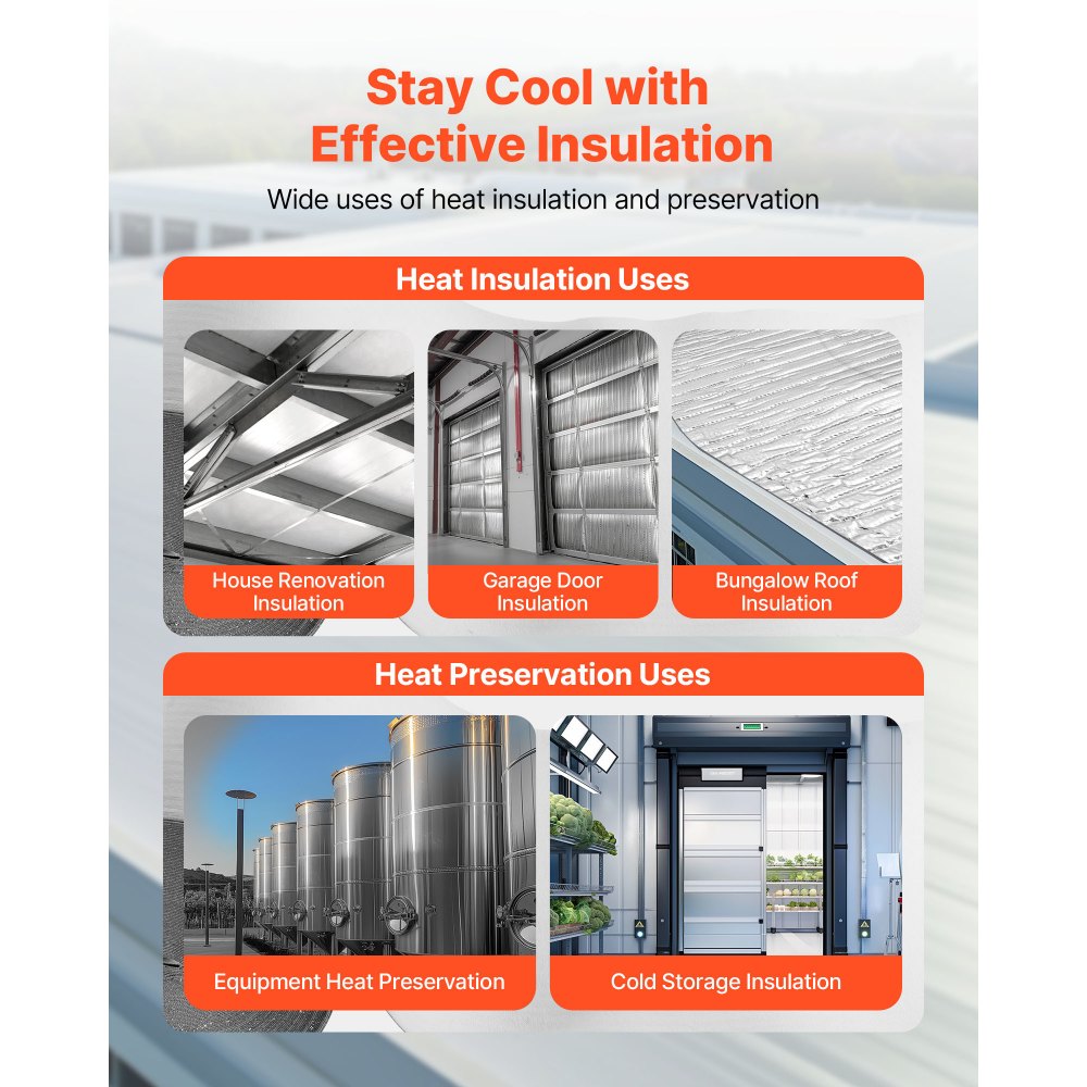 VEVOR Reflective Insulation Roll, Double-Layer Air Bubble Radiant Barrier, 6mm 30.48 m x 1.22 m, Aluminum Foil White PE Film Heat Reflective Shield, Thermal Insulation Roll for Garage Door Window RV Roofs