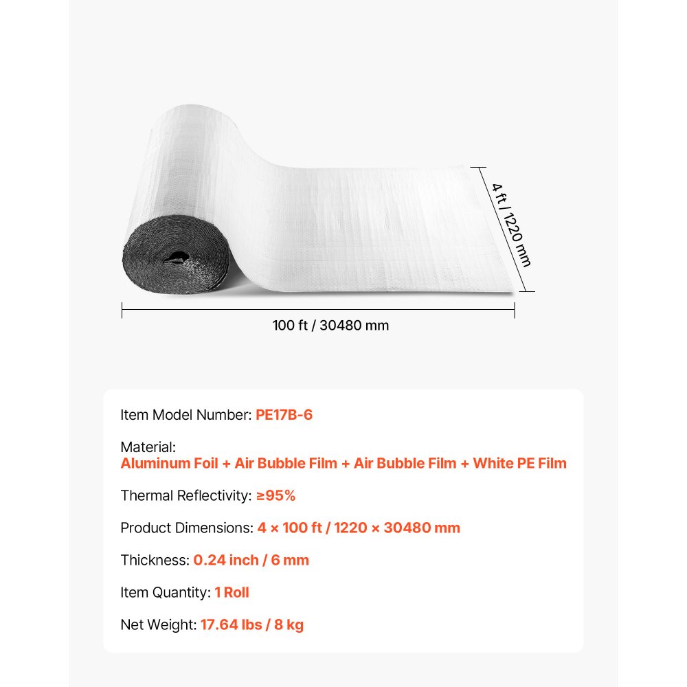 VEVOR Reflective Insulation Roll, Double-Layer Air Bubble Radiant Barrier, 6mm 30.48 m x 1.22 m, Aluminum Foil White PE Film Heat Reflective Shield, Thermal Insulation Roll for Garage Door Window RV Roofs