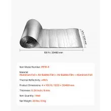 VEVOR Double Reflective Insulation Roll, Double-Sided Aluminum Foil Radiant Barrier, 6mm 30.48 m x 1.22 m, Dual-Layer Air Bubble Heat Reflective Shield, Thermal Insulation Roll for Garage Door Window RV Roofs