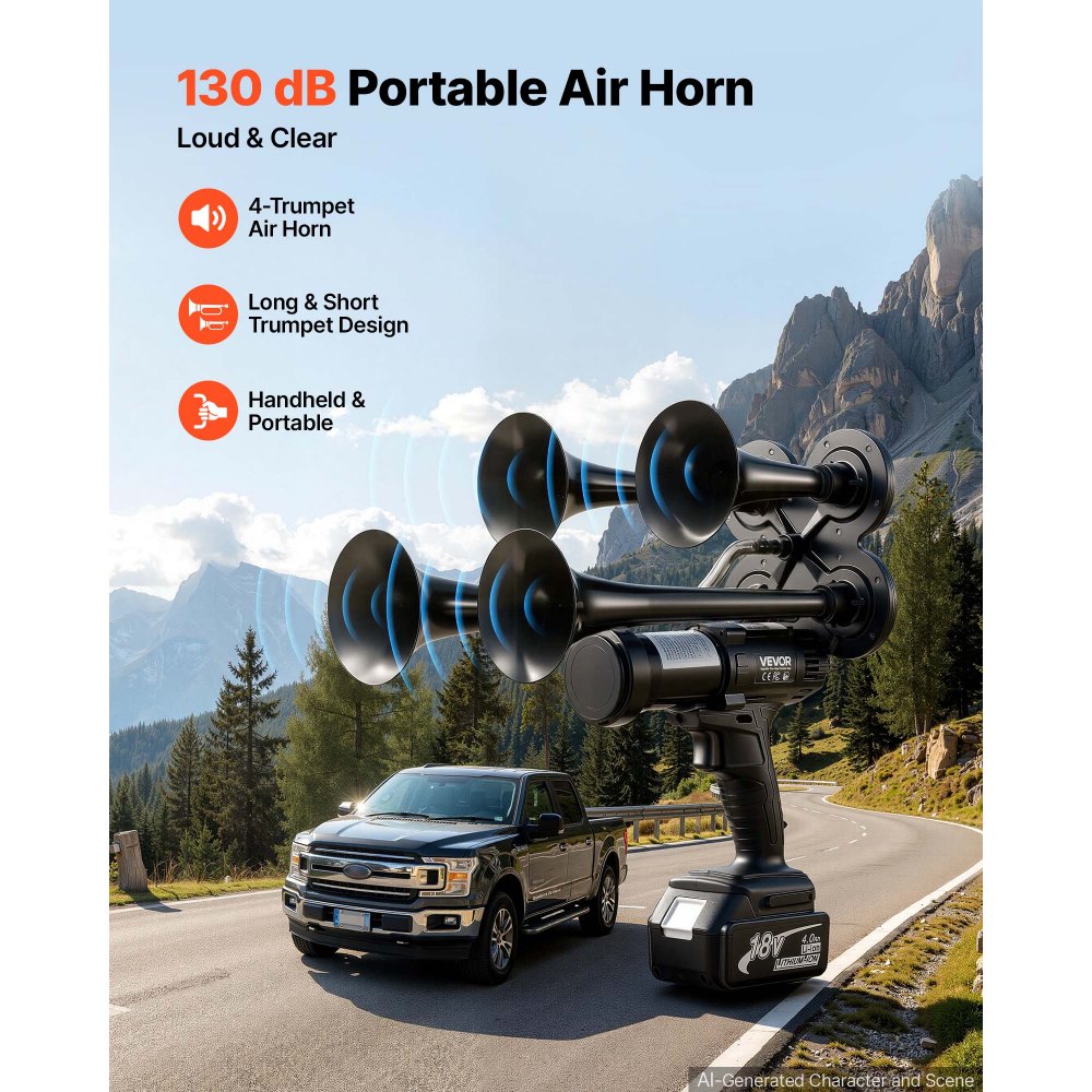 VEVOR Cordless 4-Trumpet Air Horn 130dB Train Air Horn & Built-in Air Pump, 18V 4Ah Lithium Battery, Powerful Sound, Strong Penetration, Handheld Portable for Vehicle Alerts, Holiday & Sporting Events