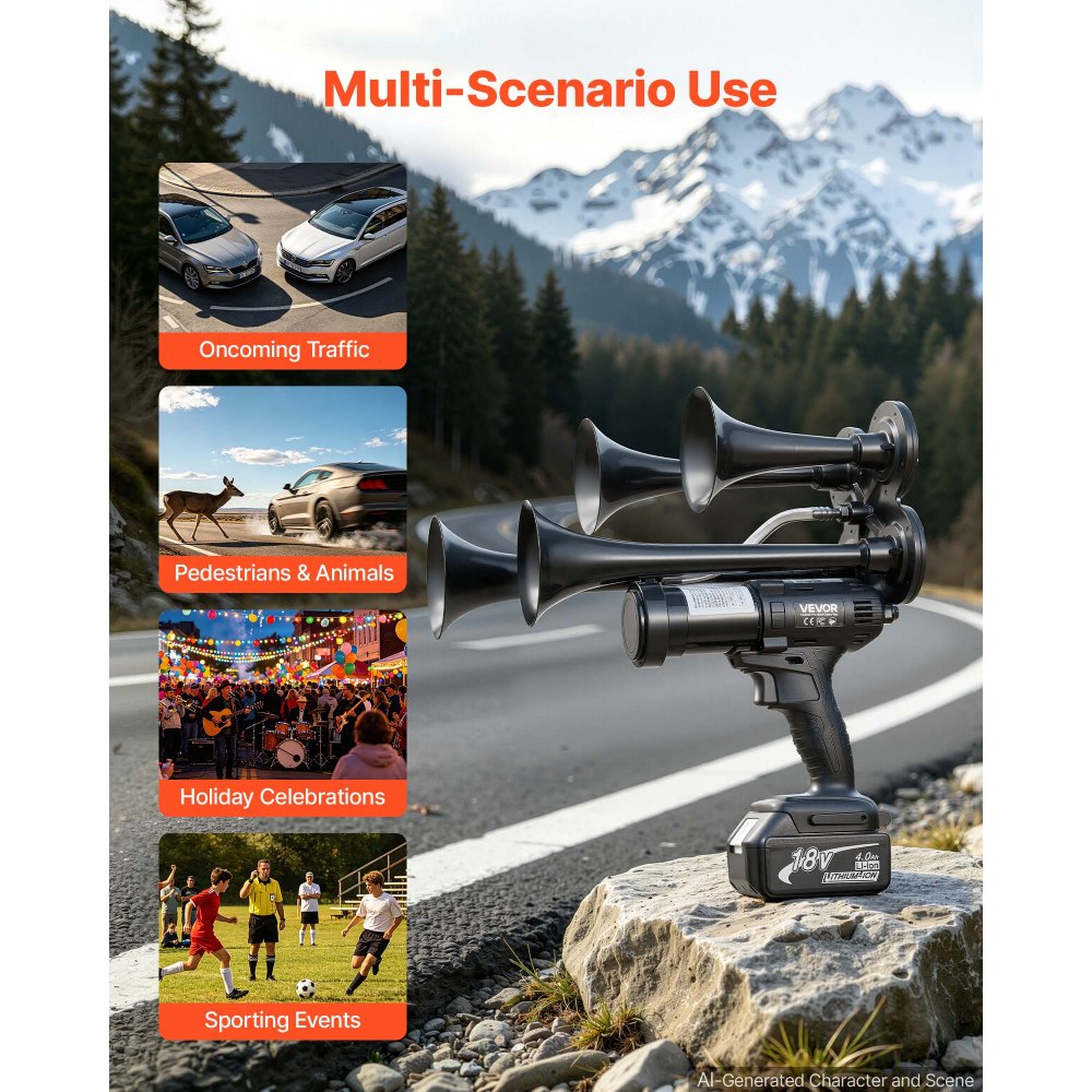 VEVOR Cordless 4-Trumpet Air Horn 130dB Train Air Horn & Built-in Air Pump, 18V 4Ah Lithium Battery, Powerful Sound, Strong Penetration, Handheld Portable for Vehicle Alerts, Holiday & Sporting Events