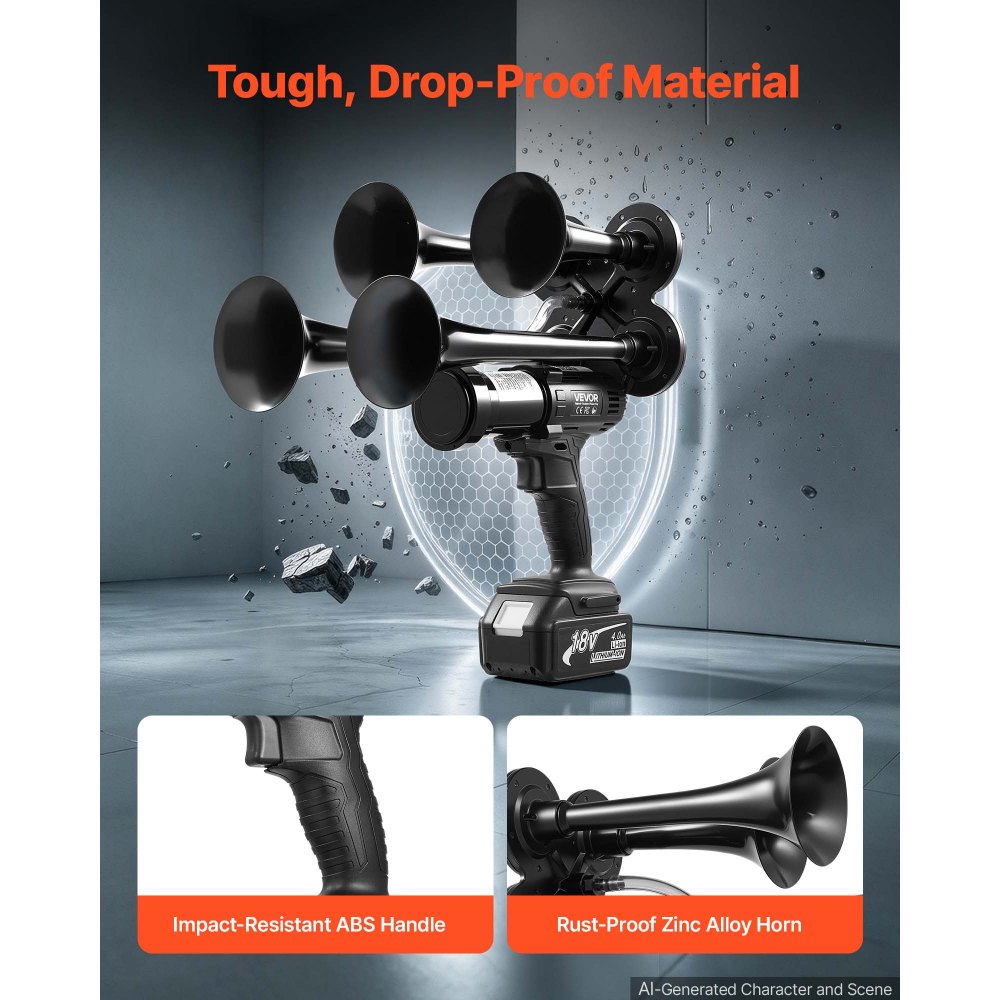 VEVOR Cordless 4-Trumpet Air Horn 130dB Train Air Horn & Built-in Air Pump, 18V 4Ah Lithium Battery, Powerful Sound, Strong Penetration, Handheld Portable for Vehicle Alerts, Holiday & Sporting Events
