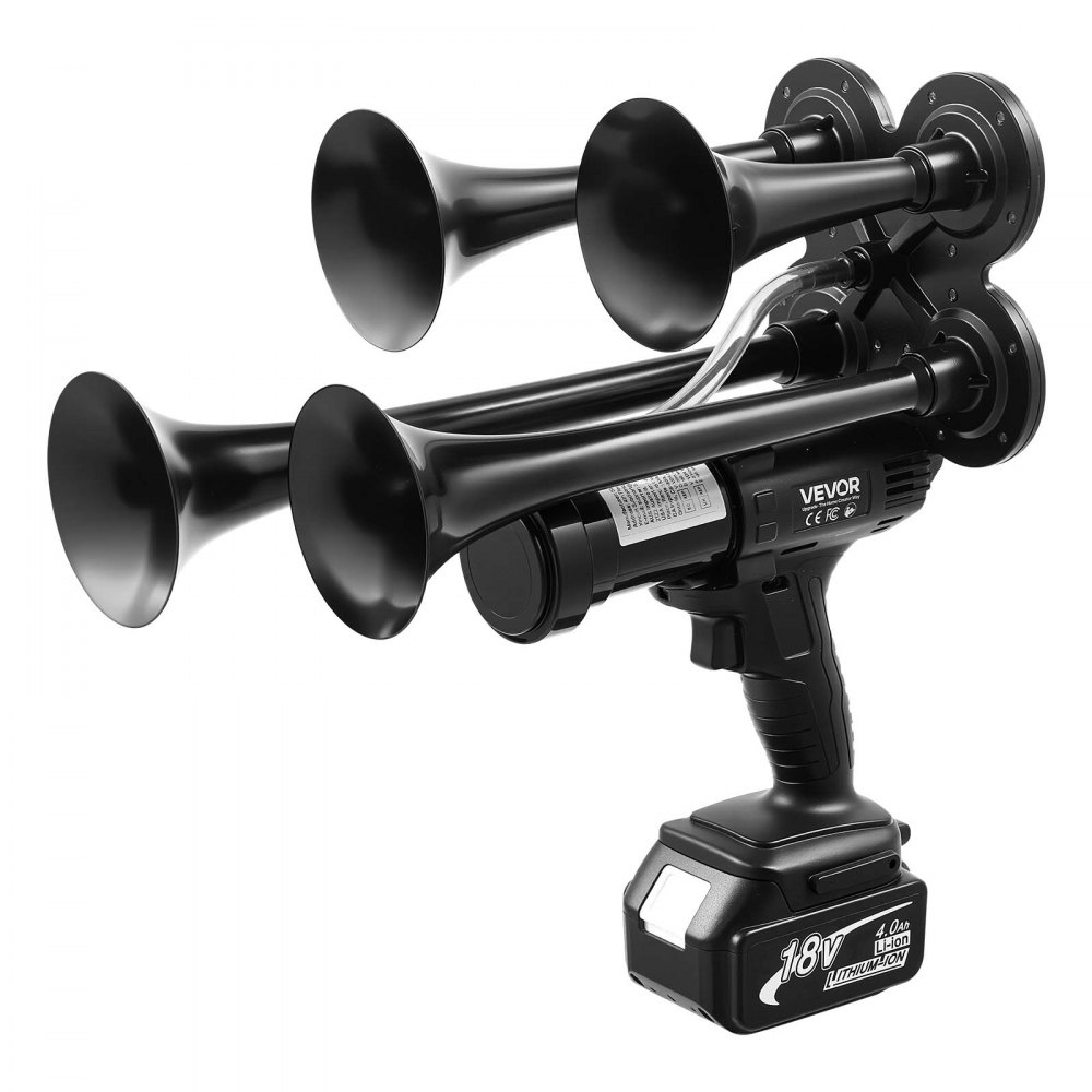 VEVOR Cordless 4-Trumpet Air Horn 130dB Train Air Horn & Built-in Air Pump, 18V 4Ah Lithium Battery, Powerful Sound, Strong Penetration, Handheld Portable for Vehicle Alerts, Holiday & Sporting Events