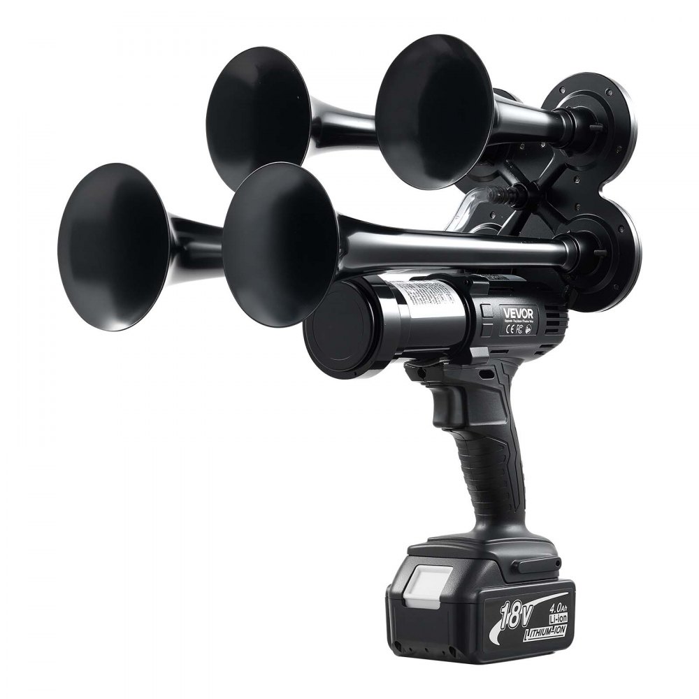 VEVOR Cordless 4-Trumpet Air Horn 130dB Train Air Horn & Built-in Air Pump, 18V 4Ah Lithium Battery, Powerful Sound, Strong Penetration, Handheld Portable for Vehicle Alerts, Holiday & Sporting Events