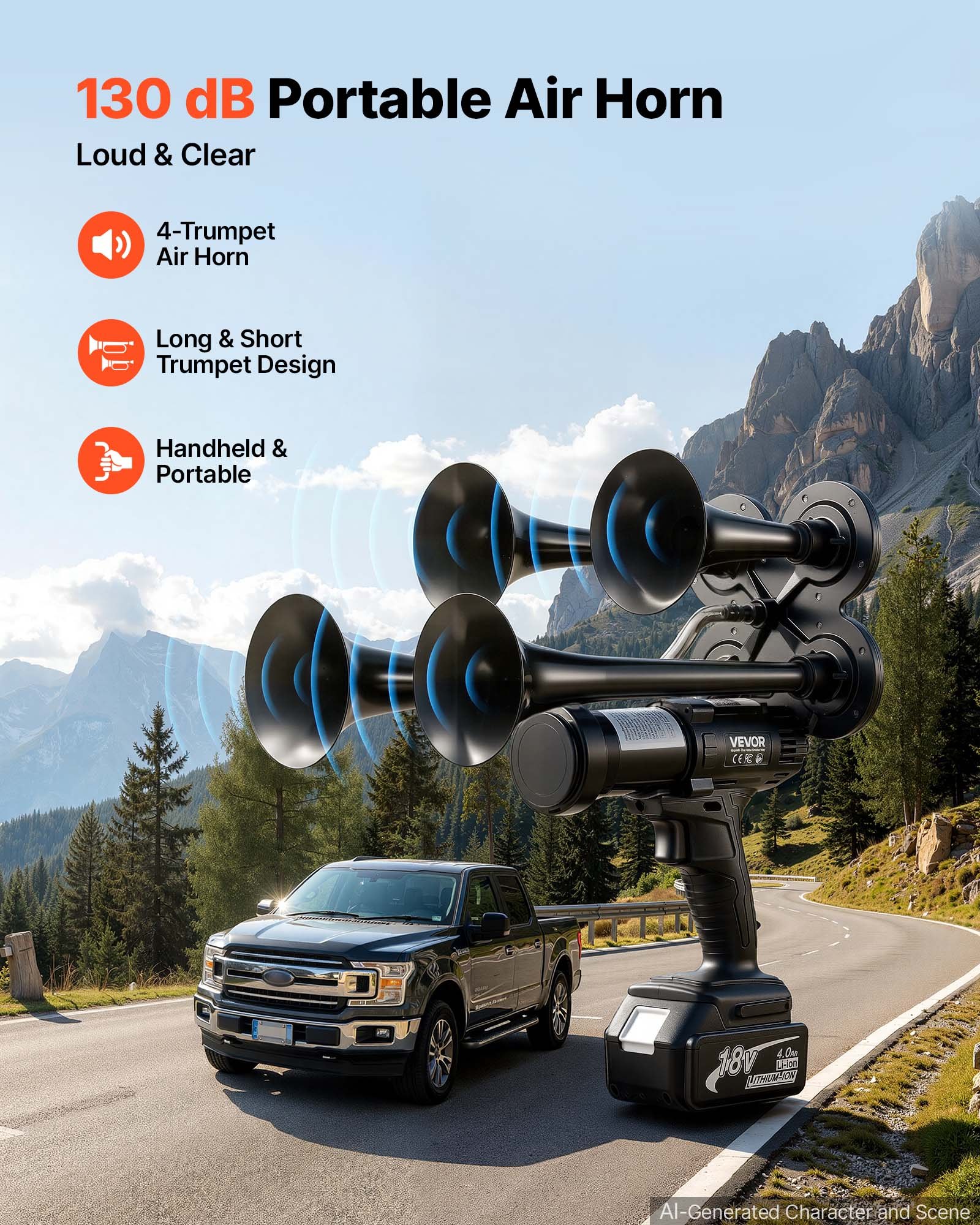 VEVOR Cordless 4-Trumpet Air Horn 130dB Train Air Horn & Built-in Air Pump, 18V 4Ah Lithium Battery, Powerful Sound, Strong Penetration, Handheld Portable for Vehicle Alerts, Holiday & Sporting Events