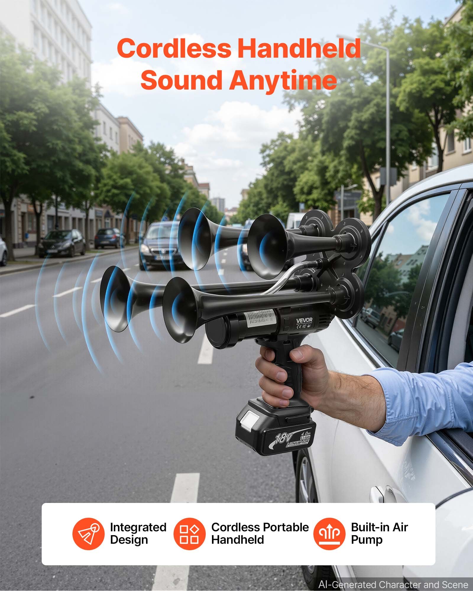 VEVOR Cordless 4-Trumpet Air Horn 130dB Train Air Horn & Built-in Air Pump, 18V 4Ah Lithium Battery, Powerful Sound, Strong Penetration, Handheld Portable for Vehicle Alerts, Holiday & Sporting Events