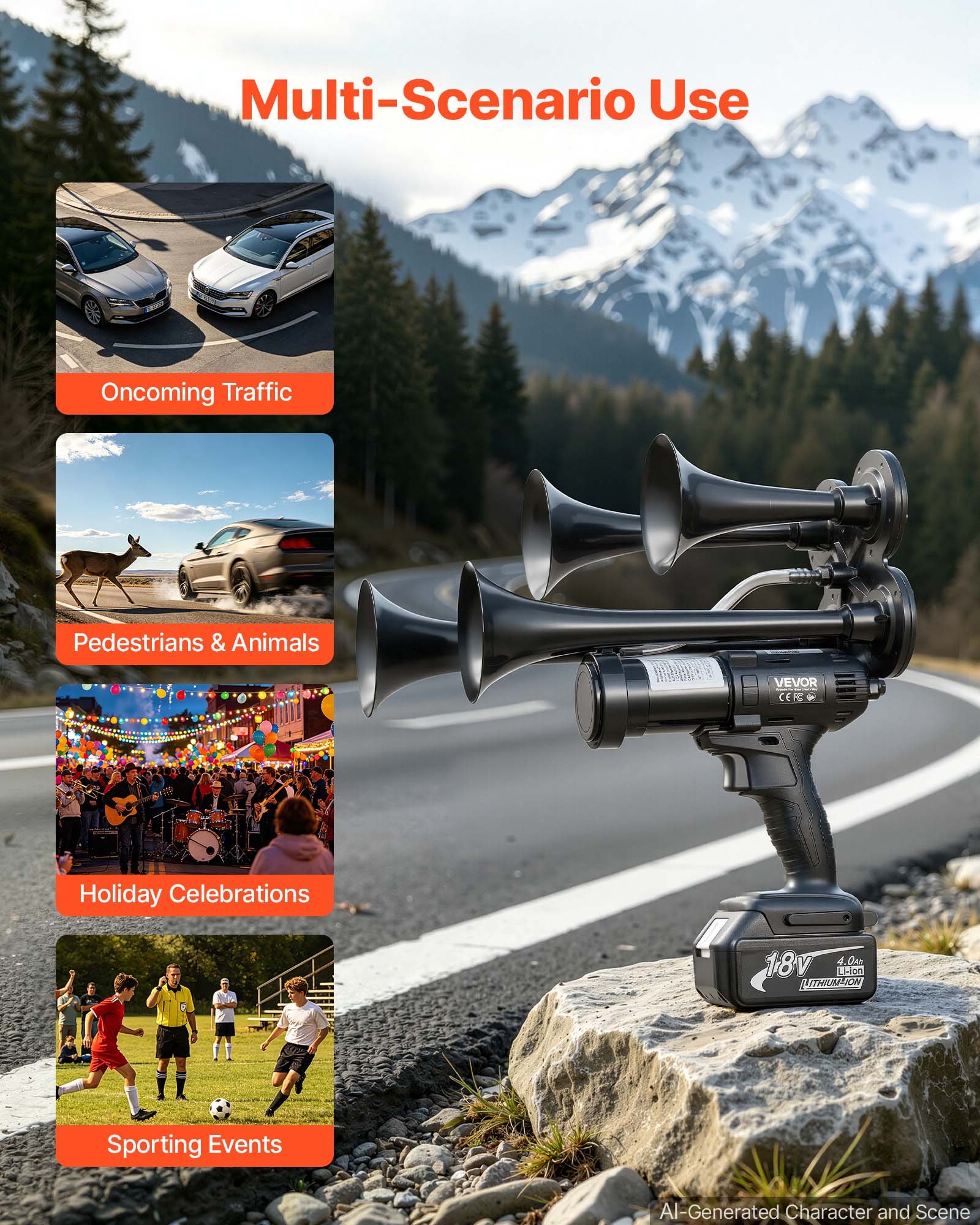 VEVOR Cordless 4-Trumpet Air Horn 130dB Train Air Horn & Built-in Air Pump, 18V 4Ah Lithium Battery, Powerful Sound, Strong Penetration, Handheld Portable for Vehicle Alerts, Holiday & Sporting Events