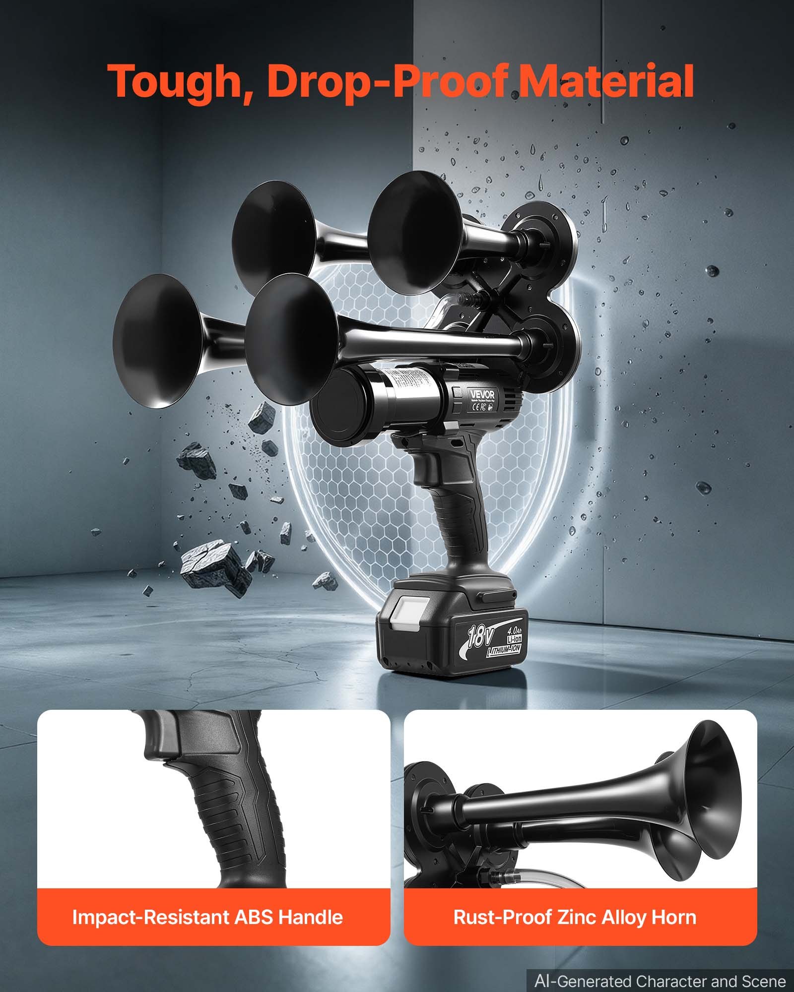 VEVOR Cordless 4-Trumpet Air Horn 130dB Train Air Horn & Built-in Air Pump, 18V 4Ah Lithium Battery, Powerful Sound, Strong Penetration, Handheld Portable for Vehicle Alerts, Holiday & Sporting Events