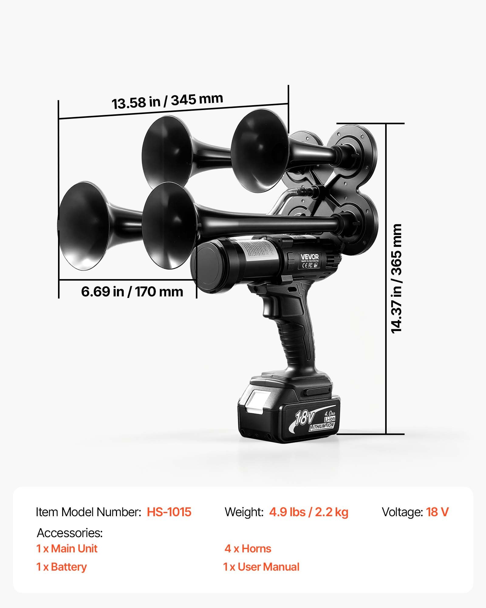 VEVOR Cordless 4-Trumpet Air Horn 130dB Train Air Horn & Built-in Air Pump, 18V 4Ah Lithium Battery, Powerful Sound, Strong Penetration, Handheld Portable for Vehicle Alerts, Holiday & Sporting Events