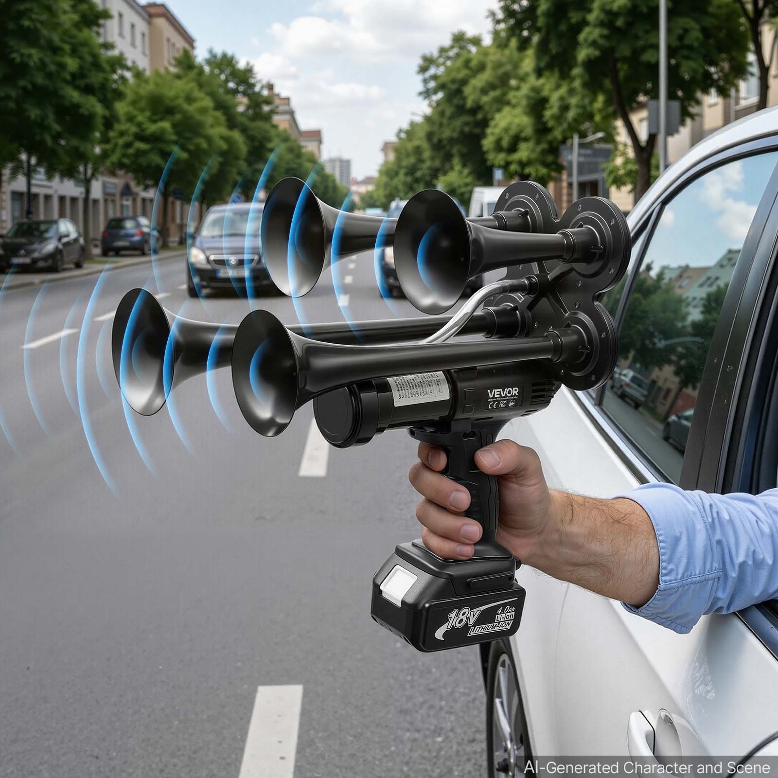 VEVOR Cordless 4-Trumpet Air Horn 130dB Train Air Horn & Built-in Air Pump, 18V 4Ah Lithium Battery, Powerful Sound, Strong Penetration, Handheld Portable for Vehicle Alerts, Holiday & Sporting Events