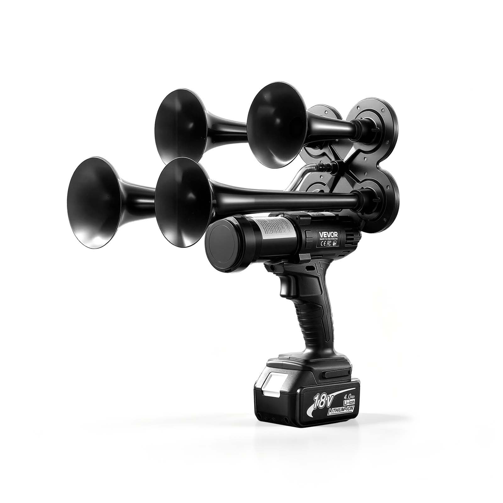 VEVOR Cordless 4-Trumpet Air Horn 130dB Train Air Horn & Built-in Air Pump, 18V 4Ah Lithium Battery, Powerful Sound, Strong Penetration, Handheld Portable for Vehicle Alerts, Holiday & Sporting Events