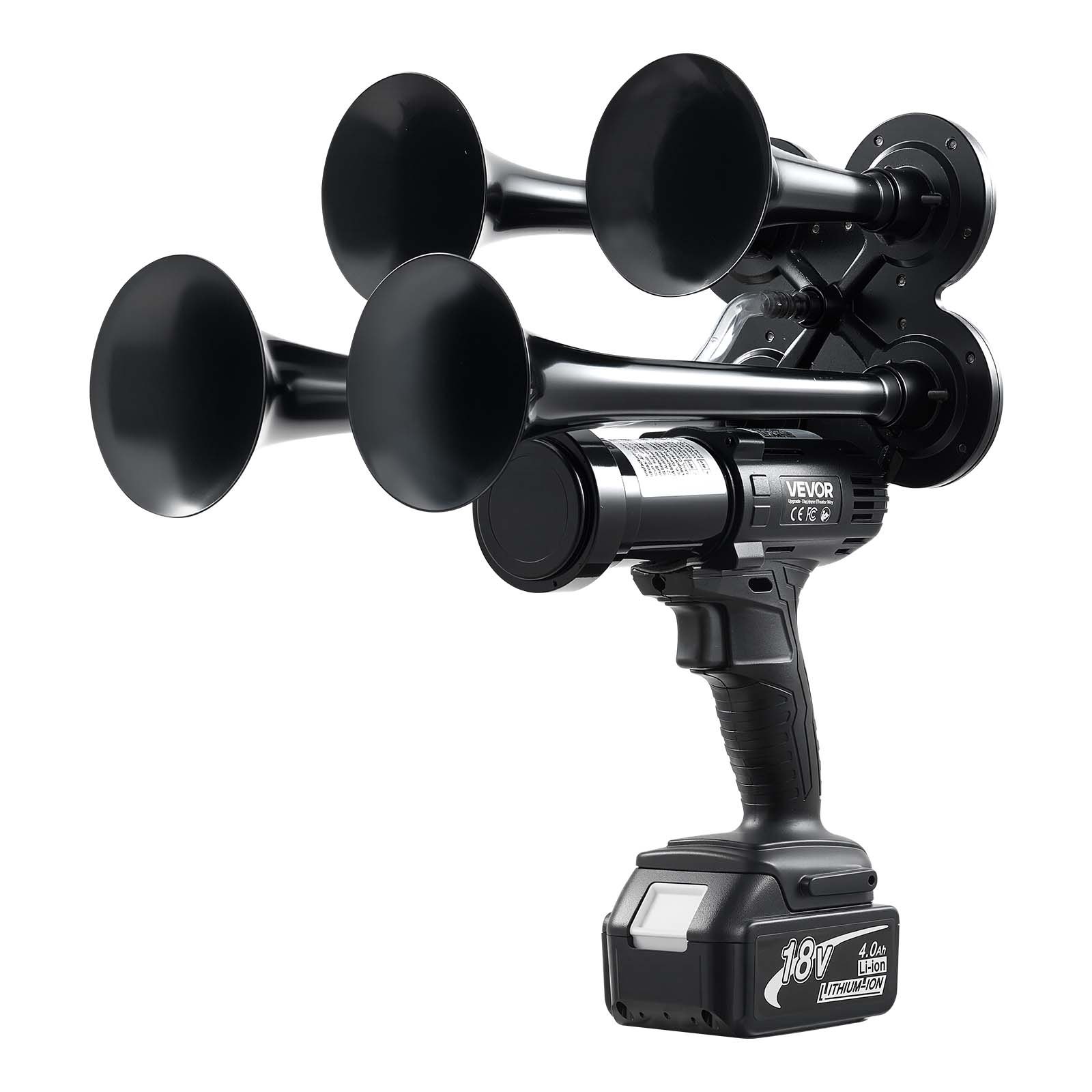 VEVOR Cordless 4-Trumpet Air Horn 130dB Train Air Horn & Built-in Air Pump, 18V 4Ah Lithium Battery, Powerful Sound, Strong Penetration, Handheld Portable for Vehicle Alerts, Holiday & Sporting Events