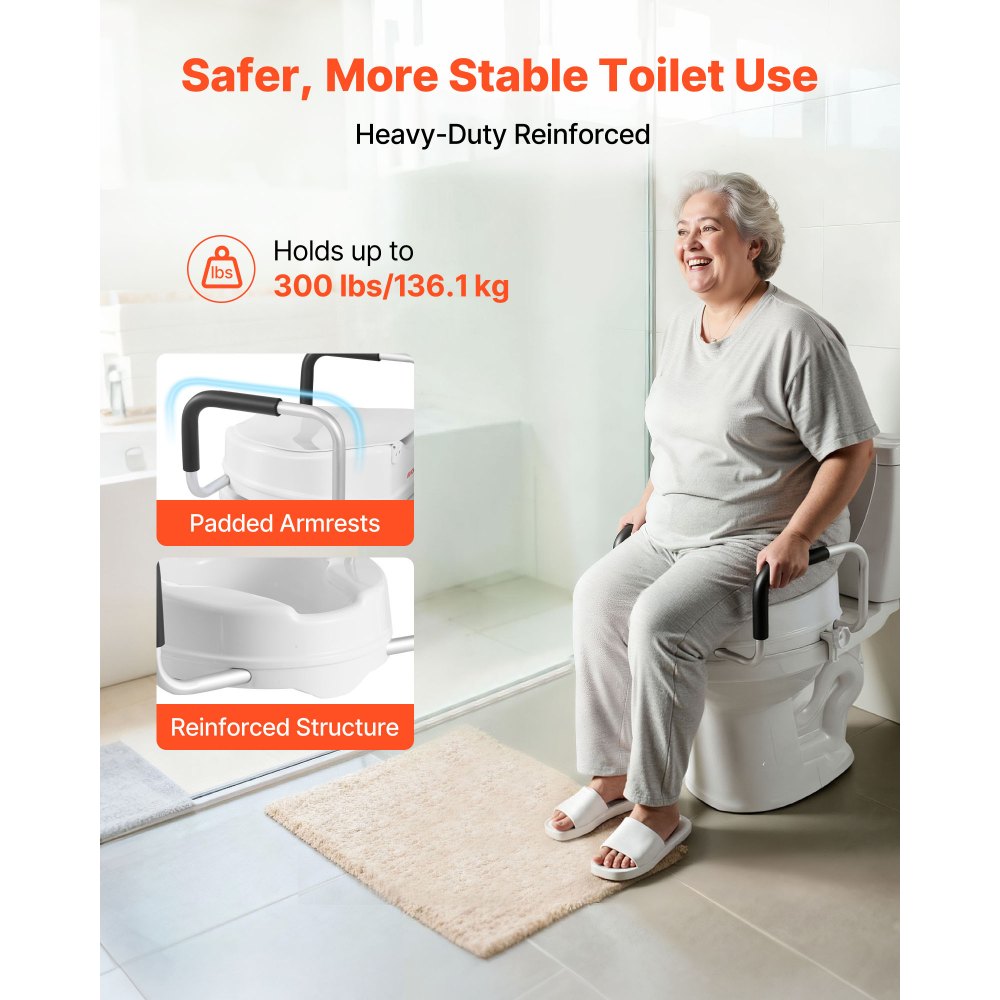 VEVOR Raised Toilet Seat with Arms, 136.1 kg Load Capacity, 101.6 mm Lift Height, Widened Commode Elevated Toilet Seat Riser with Padded Handles for Seniors, Elderly, Handicap, Disabled, and Adults