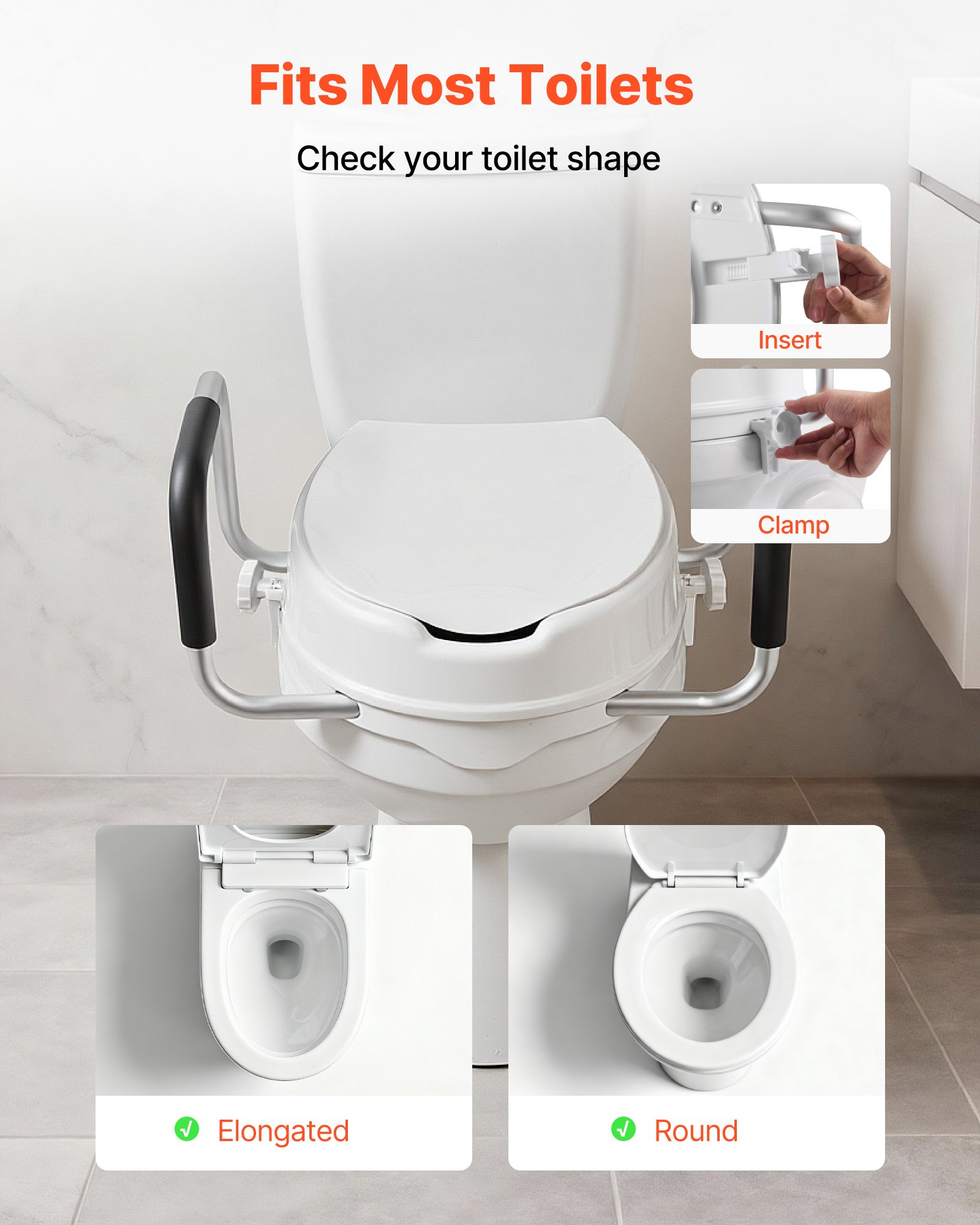 VEVOR Raised Toilet Seat with Arms, 300 lbs Load Capacity, 4-Inch Lift Height, Widened Commode Elevated Toilet Seat Riser with Padded Handles for Seniors, Elderly, Handicap, Disabled, and Adults Use