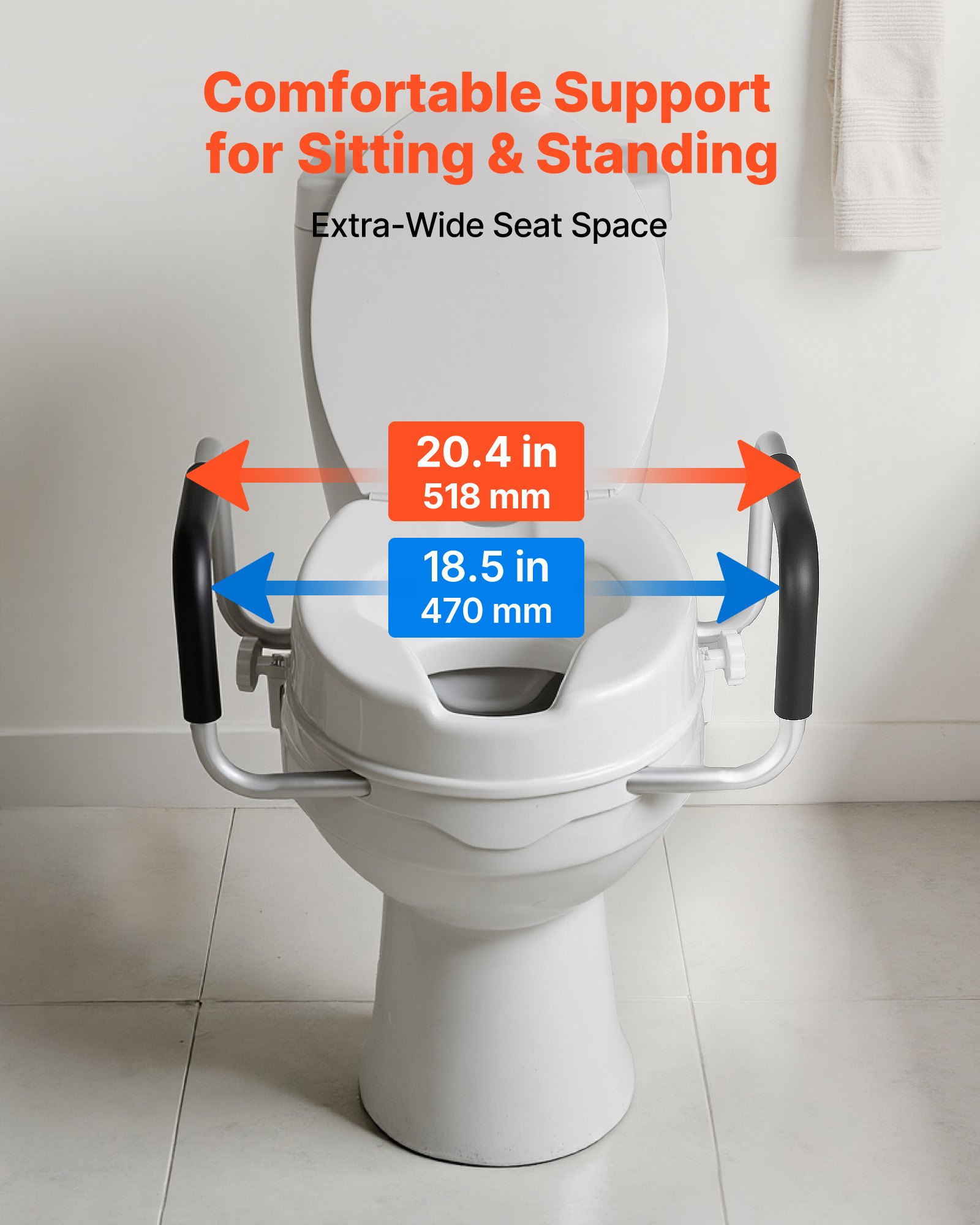 VEVOR Raised Toilet Seat with Arms, 300 lbs Load Capacity, 4-Inch Lift Height, Widened Commode Elevated Toilet Seat Riser with Padded Handles for Seniors, Elderly, Handicap, Disabled, and Adults Use