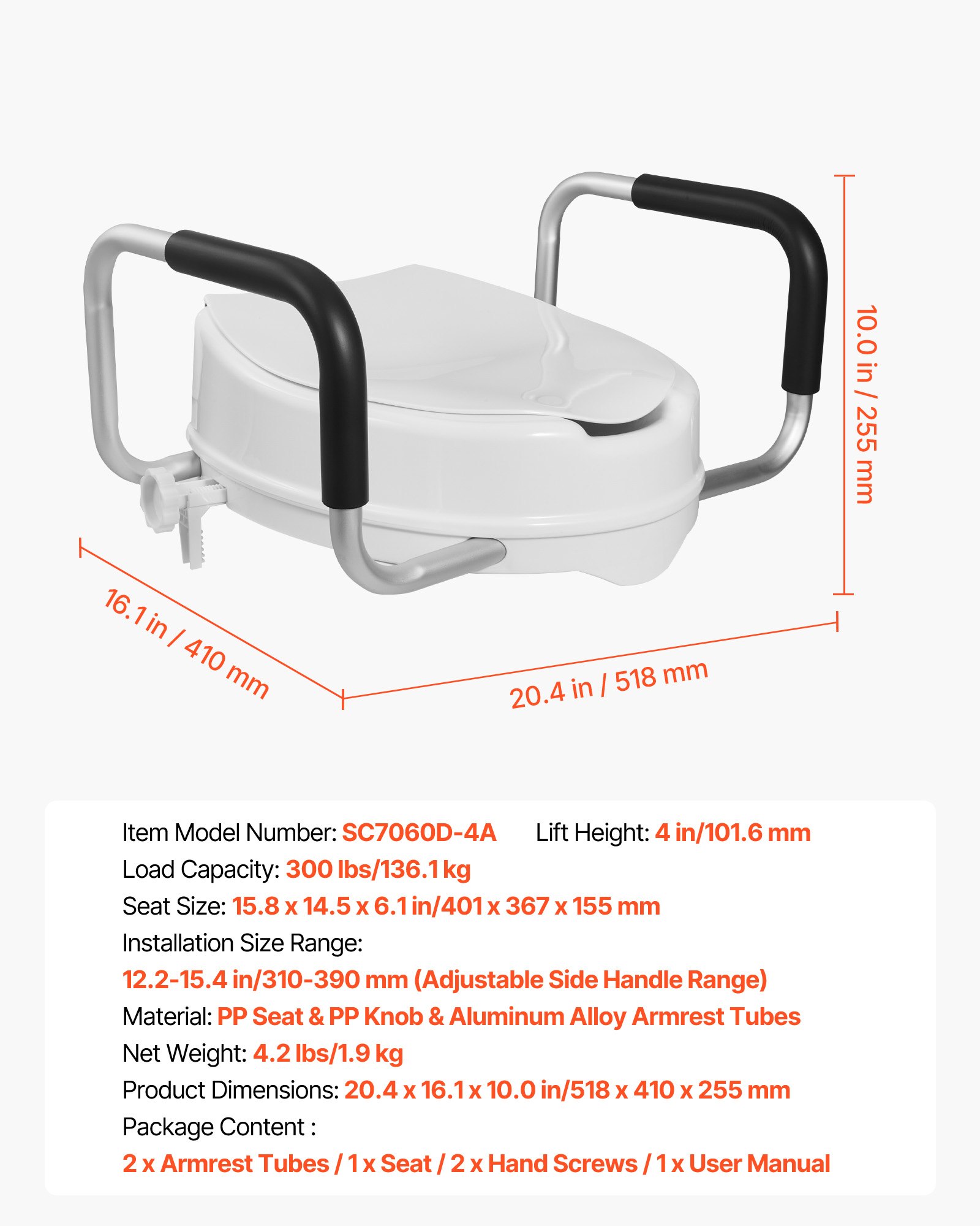 VEVOR Raised Toilet Seat with Arms, 300 lbs Load Capacity, 4-Inch Lift Height, Widened Commode Elevated Toilet Seat Riser with Padded Handles for Seniors, Elderly, Handicap, Disabled, and Adults Use