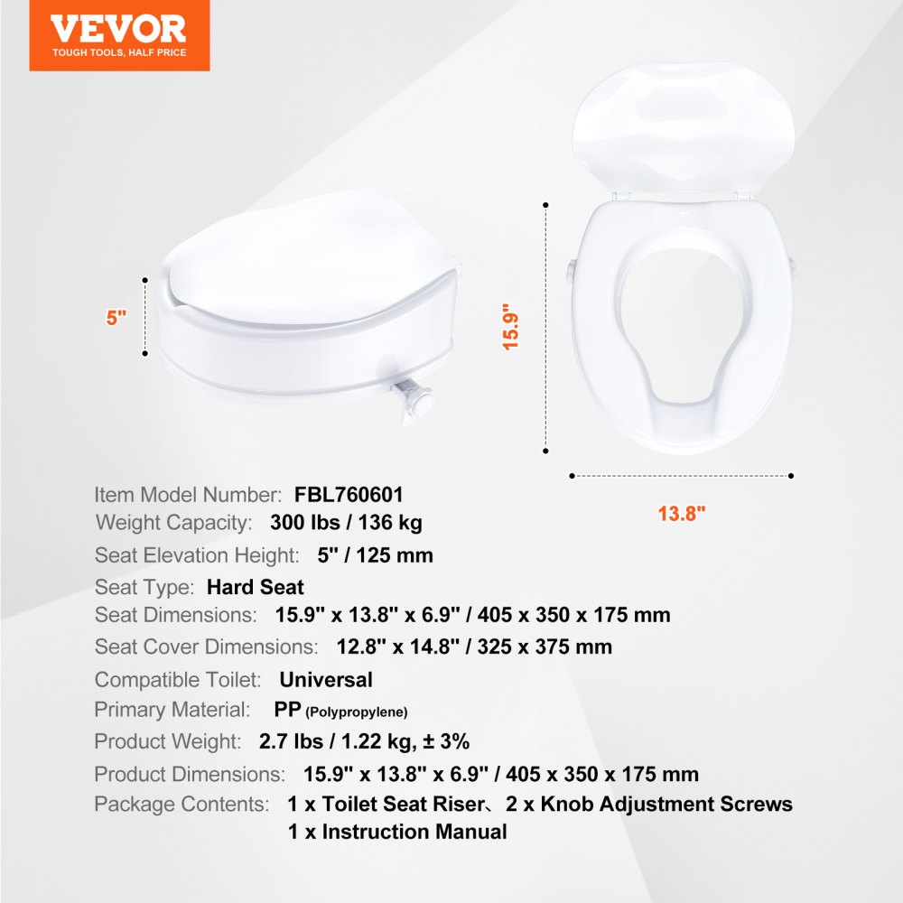 VEVOR Raised Toilet Seat, 125mm Height Raised, 136 kg Weight Capacity, Universal Toilet Seat Riser, Screw Rod Locking, with Toilet Seat, for Elderly, Handicap, Patient, Pregnant, Medical
