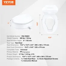VEVOR Raised Toilet Seat, 5" Height Raised, 300 lbs Weight Capacity, Universal Toilet Seat Riser, Screw Rod Locking, with Toilet Seat, for Elderly, Handicap, Patient, Pregnant, Medical