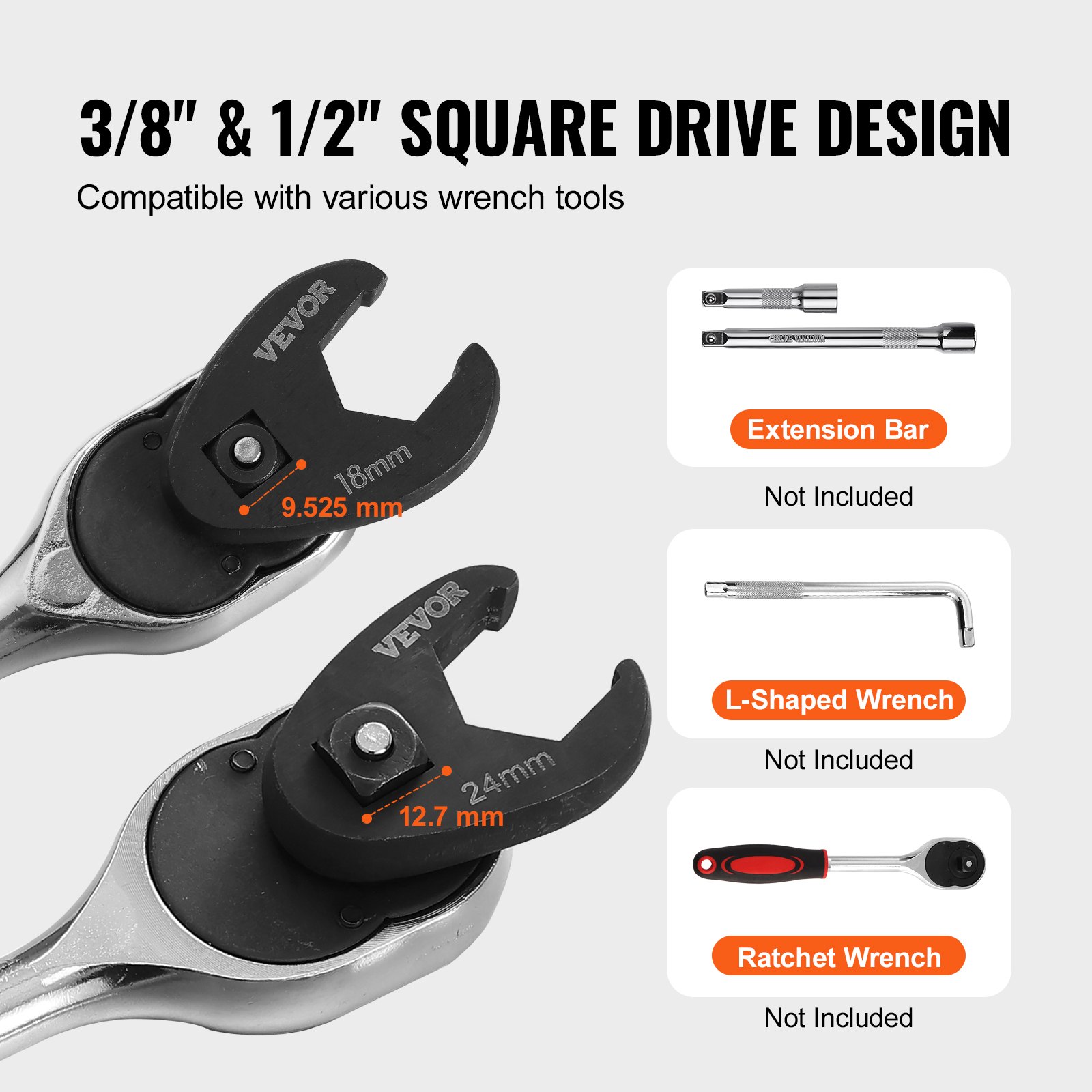 VEVOR Crowfoot Wrench Set, 1/2" and 3/8" Drive 15-Piece Crows Foot Wrench Set with PP Storage Case,  Metric 8-24 mm, CRMO Steel and  Manganese Phosphate Finish, for Mechanical Maintenance and Repairs