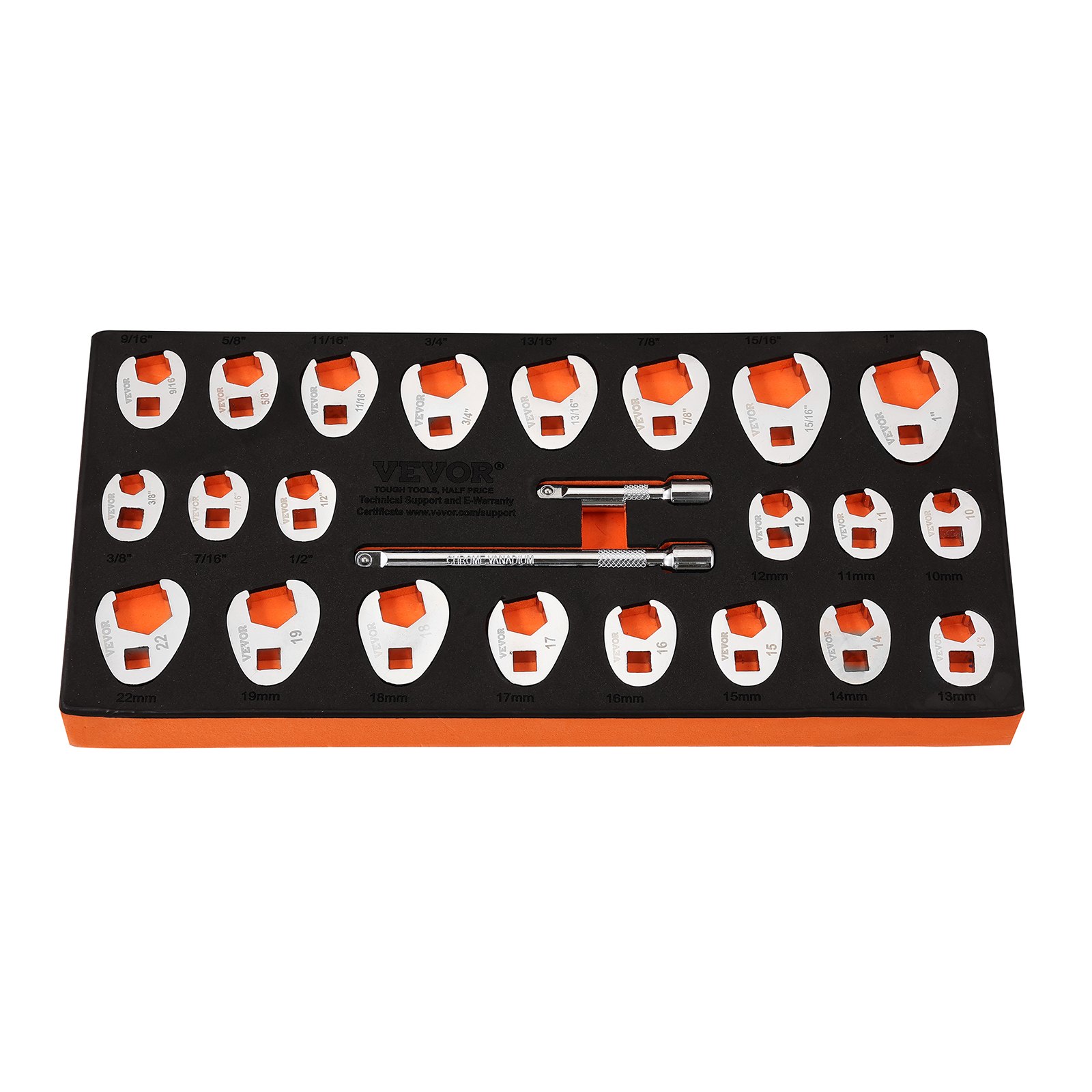 VEVOR 3/8" Drive Crowfoot Wrench Set with 2 Extension Bars, 24-Piece Crows Foot Wrench Set, SAE  3/8"-1" and Metric 10-22 mm, CR-MO Steel Crowfoot Wrench Set, with EVA Tool Organizer