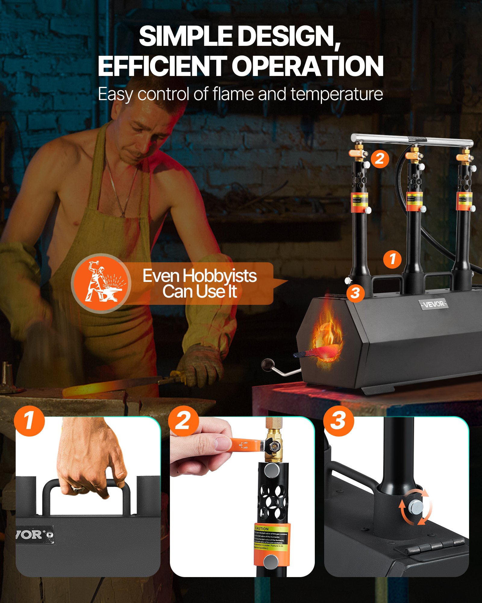 VEVOR Portable Propane Forge, 3 Burners, 2600℉ Tool and Knife Making Blacksmithing Farrier Forge, Large Capacity Hexagon, Cold-Rolled Steel Gas Forging Tools and Equipment, Use for Metal Forging