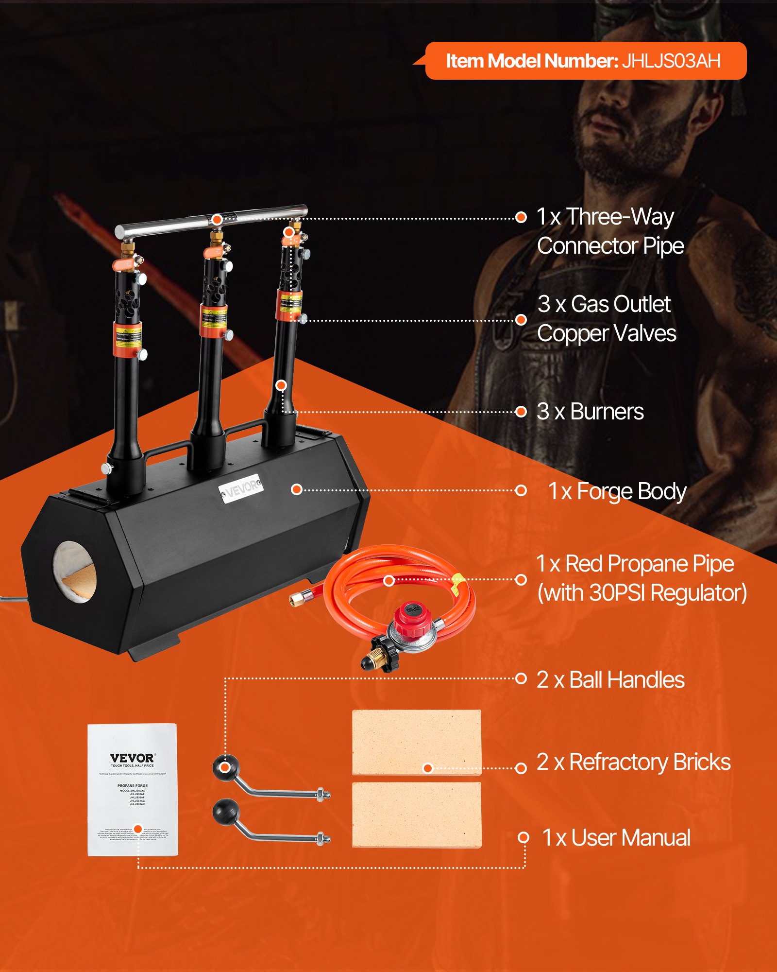 VEVOR Portable Propane Forge, 3 Burners, 1427℃ Tool and Knife Making Blacksmithing Farrier Forge, Large Capacity Hexagon, Cold-Rolled Steel Gas Forging Tools and Equipment, Use for Metal Forging