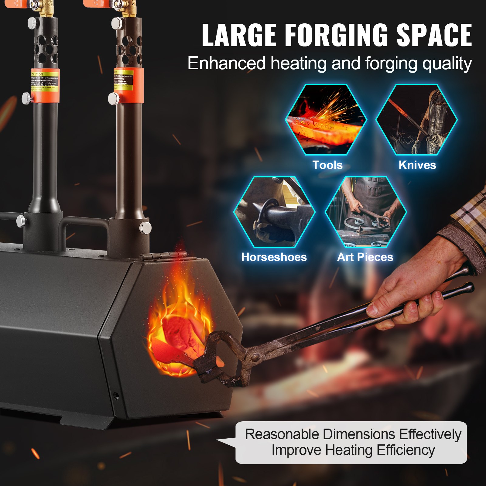 VEVOR Portable Propane Forge, 3 Burner Farrier Forge, 2600℉ Tool and Knife Making Blacksmithing Gas Forge, Large Capacity Hexagon Cold-Rolled Steel Gas Forging Tools and Equipment for Metal Forging
